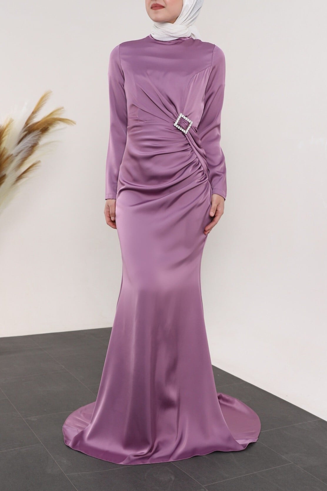 Lilac Satin Evening Dress with High Neck and Beaded Belt Detail - Podyumplus - by Peralane