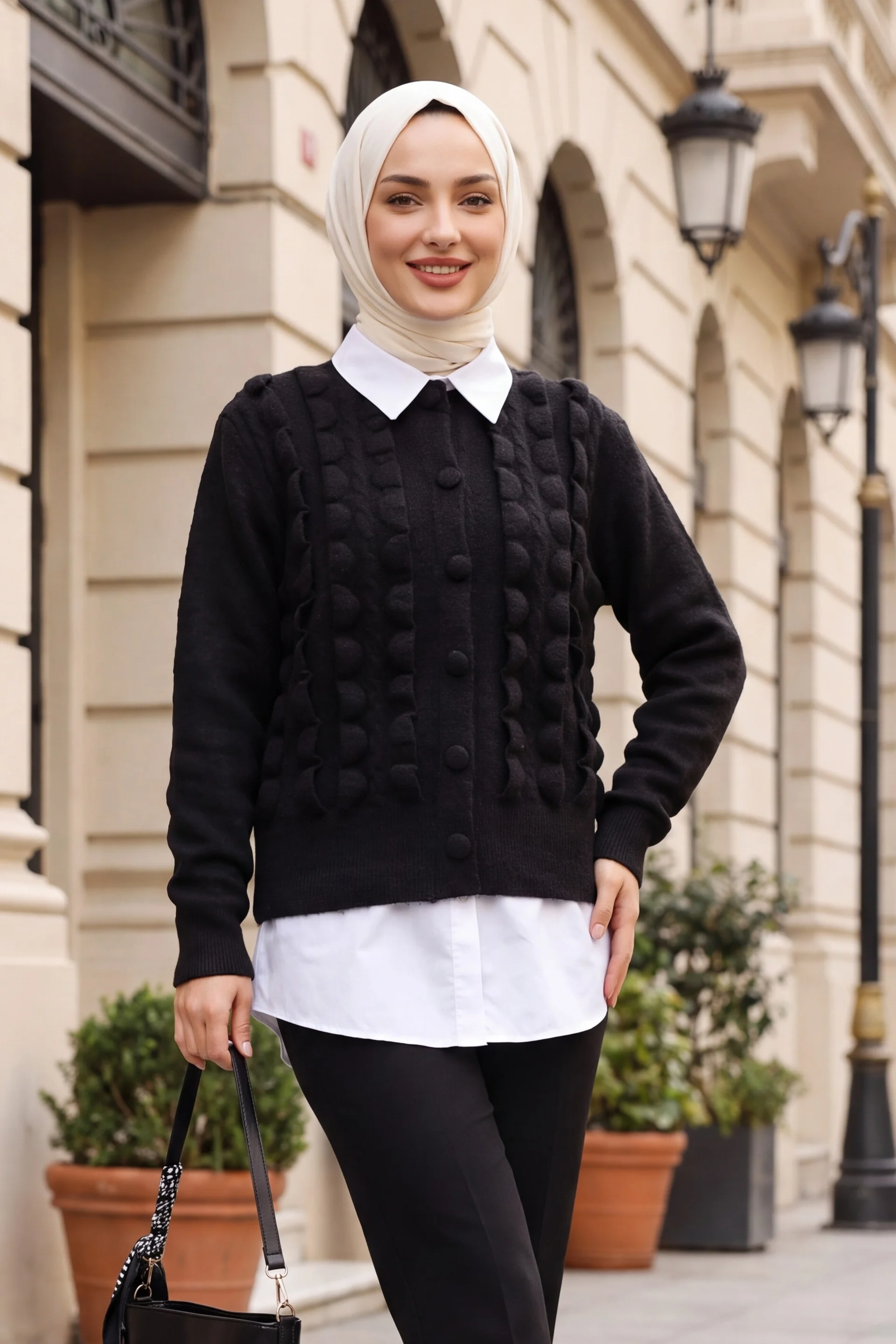 Black Braided Trim Detail Buttoned Knit Cardigan - Podyumplus - by Peralane