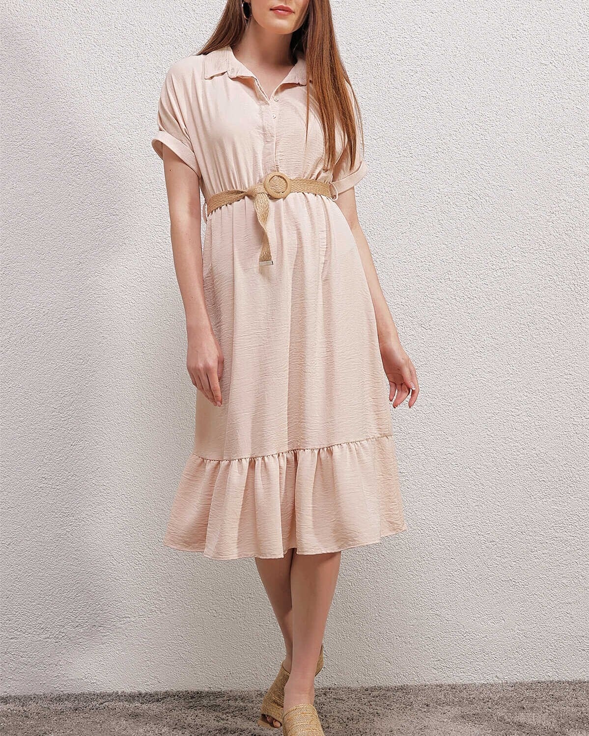 Cream Belted Dress with Short Sleeves and Collar - Bigdart - by Peralane - photo 2