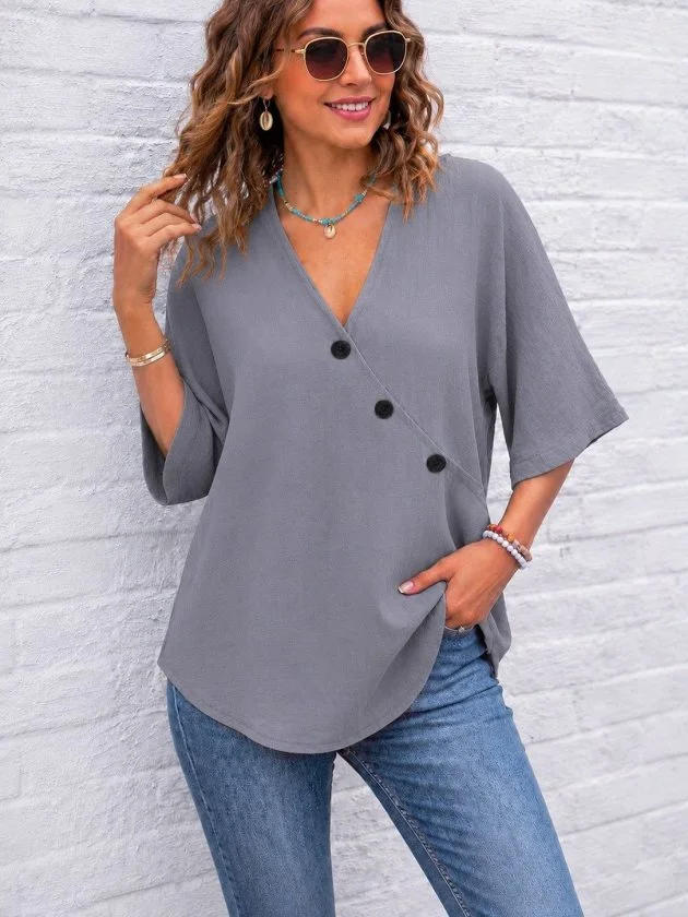 Women's Grey V-Neck Short-Sleeve Button Blouse - Janes - by Peralane - photo 2