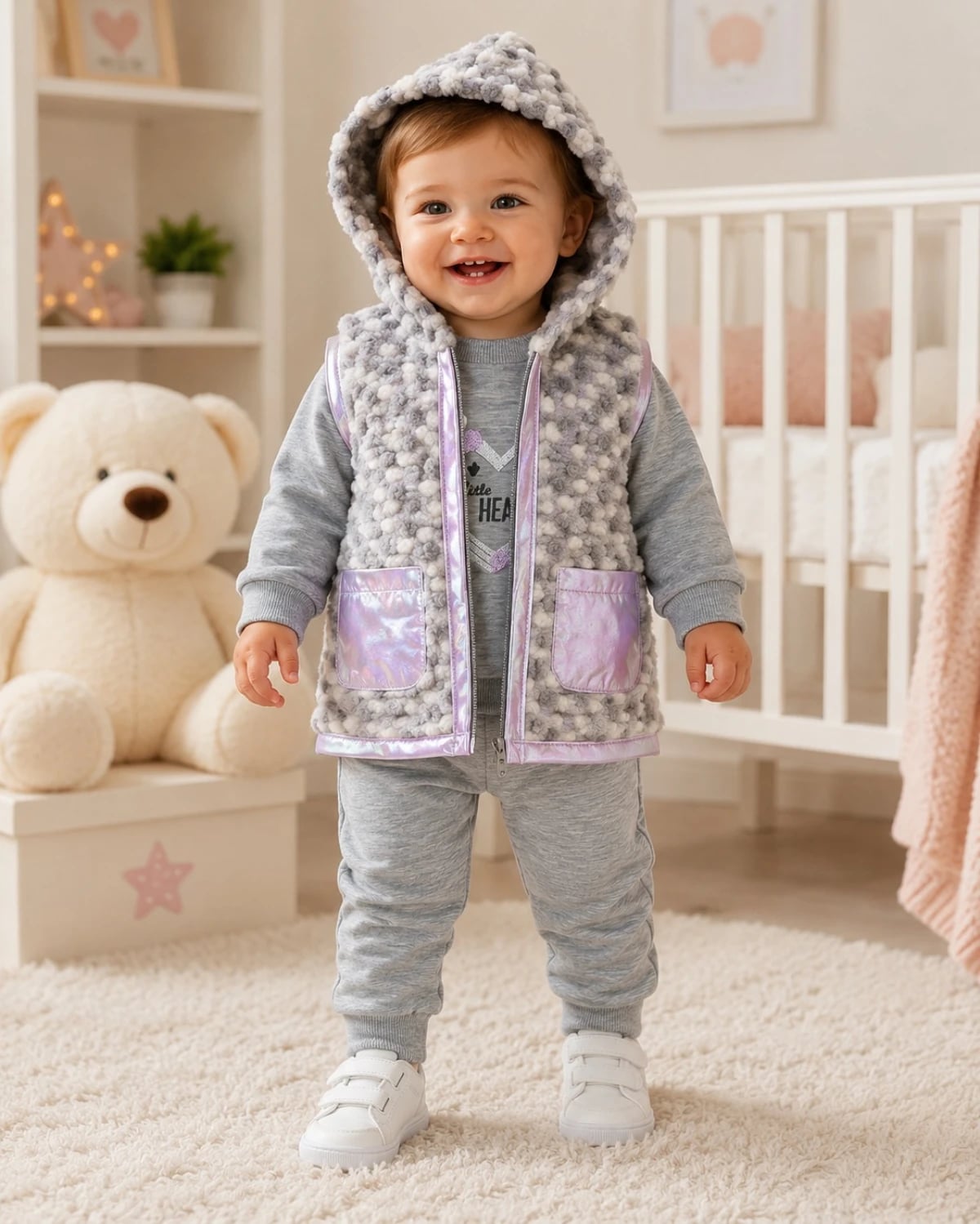 Baby Girls 3-Piece Hooded Vest, Top and Jogger Set - Lilac Accents - Has Bereket - by Peralane