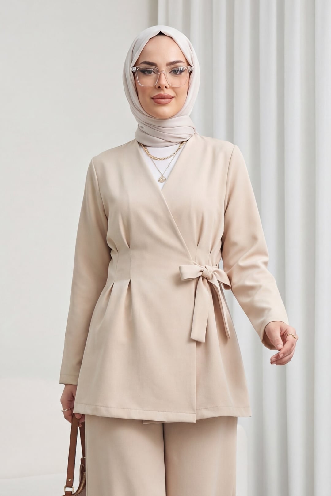 Beige Wrap-Front Wide-Leg Crepe Co-ord Set with Darts - Podyumplus - by Peralane - photo 6