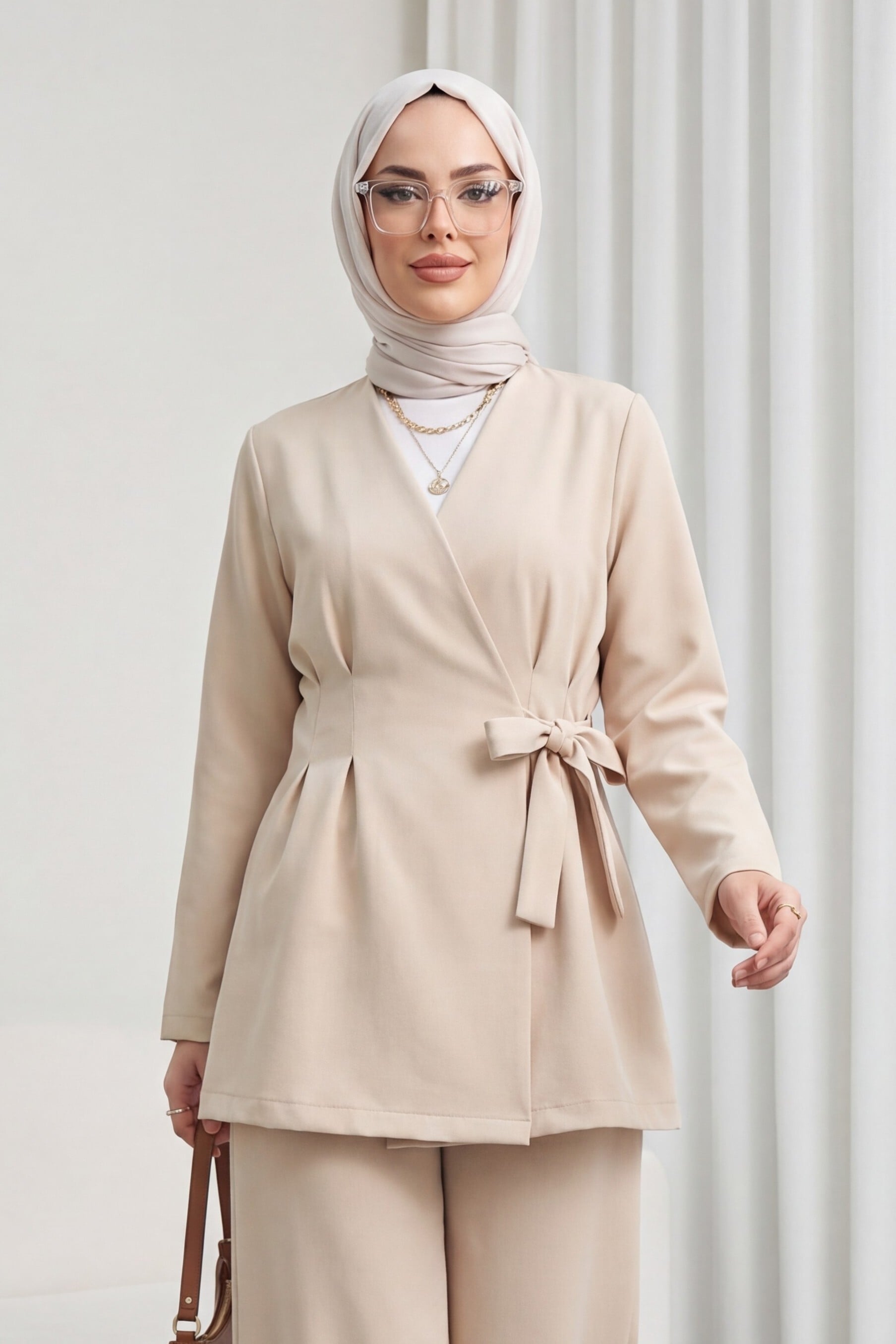 Beige Wrap-Front Wide-Leg Crepe Co-ord Set with Darts - Podyumplus - by Peralane - photo 6