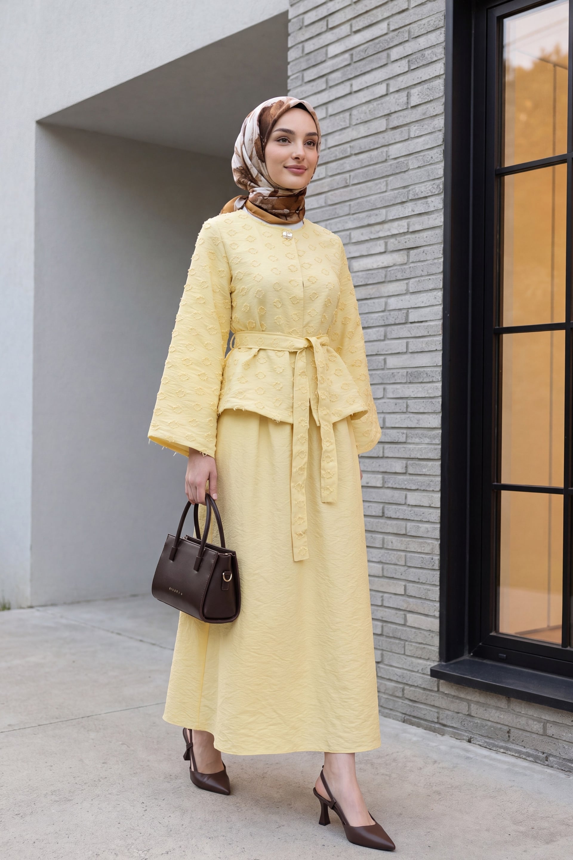 Yellow Jacquard Floral Two-Piece Set with Jacket and Skirt - Podyumplus - by Peralane - photo 2
