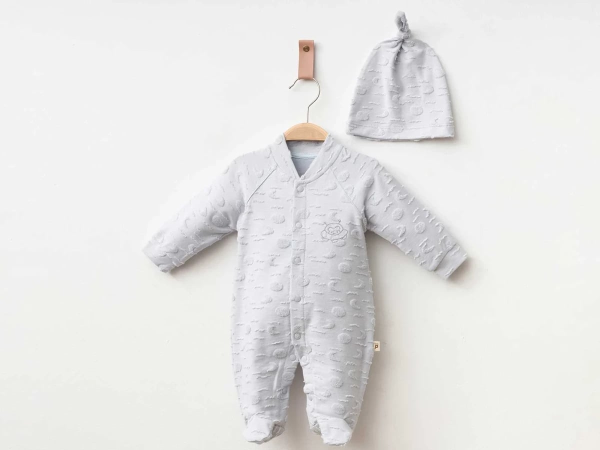Baby Boy Romper and Hat Set - Grey Textured Knit - Pookie - by Peralane