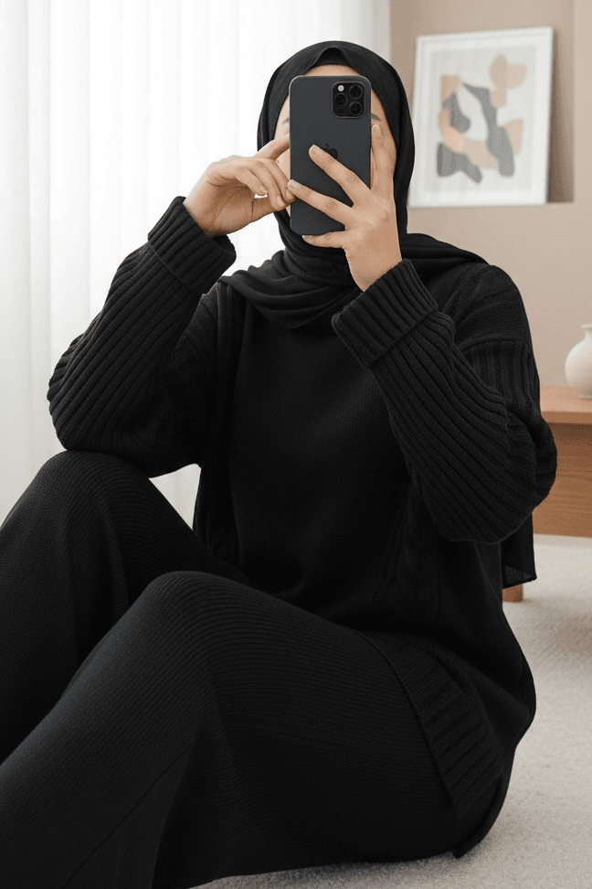 Knit Pattern Long Back Tricot Set - Black - Podyumplus - by Peralane