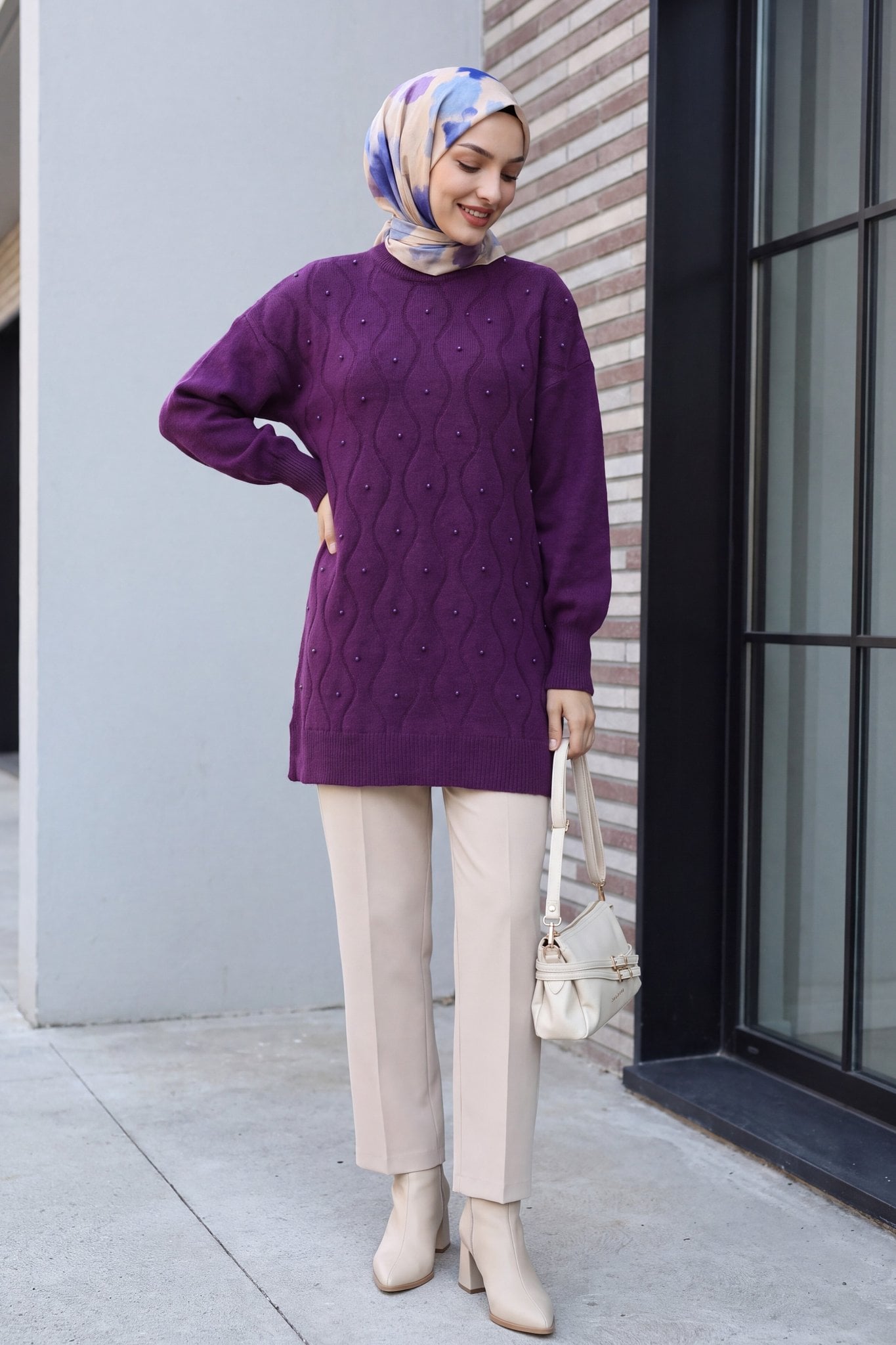 Purple Scattered Pearl Balloon Sleeve Loose Knit Tunic - Podyumplus - by Peralane - photo 3