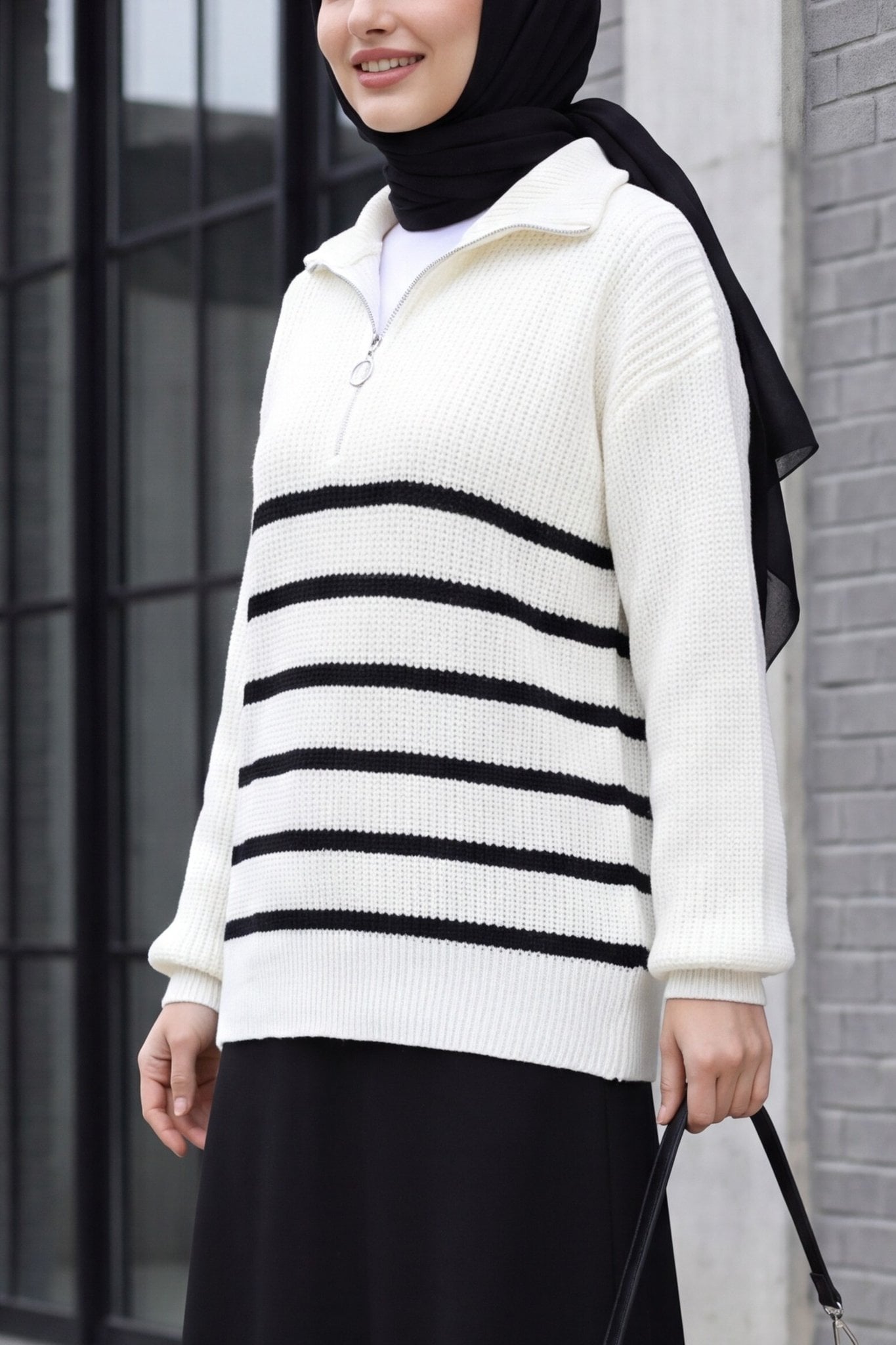 Half-Zip Striped Knit Sweater - Ecru - Podyumplus - by Peralane