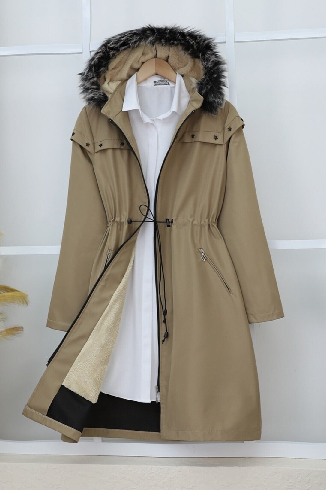 Women's Hooded Coat with Star Detail - Stone - Podyumplus - by Peralane - photo 4