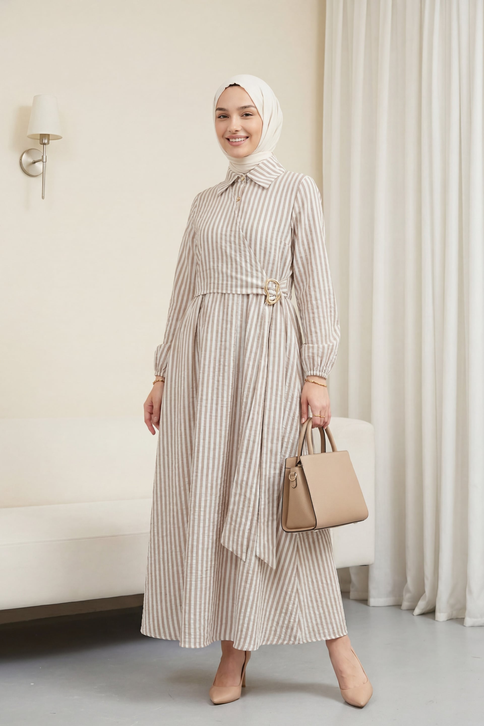 Striped Linen Dress with Collar, Half-Button Front, and Side Tie - Mink - Podyumplus - by Peralane