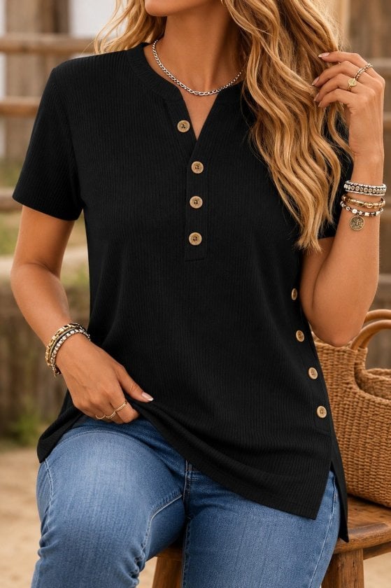 Women's Black Short Sleeve V-Neck Henley Blouse with Wooden Buttons - Janes - by Peralane - photo 2