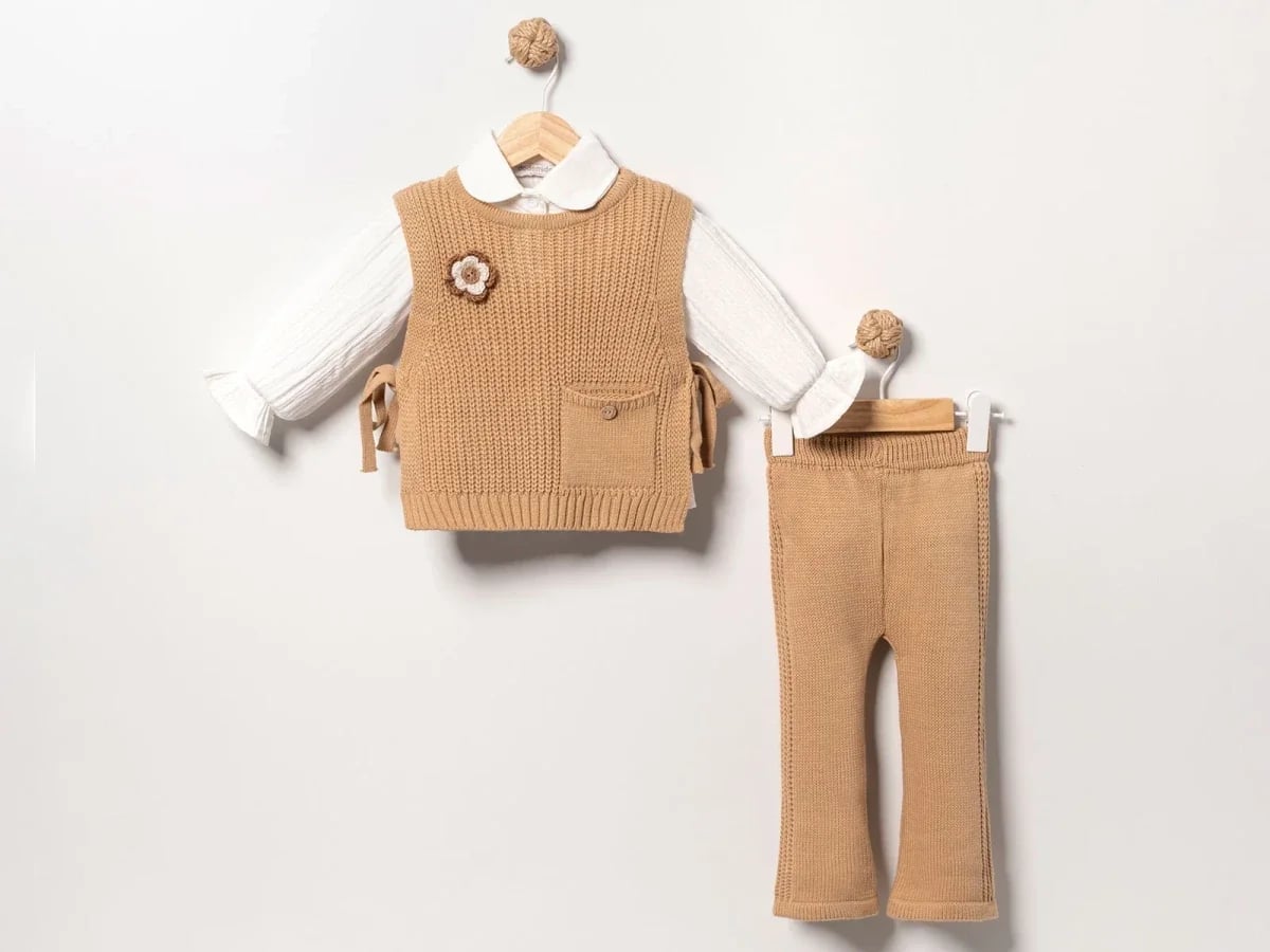 Baby Girl's 3-Piece Knitted Set with Vest - Camel - Eymus - by Peralane