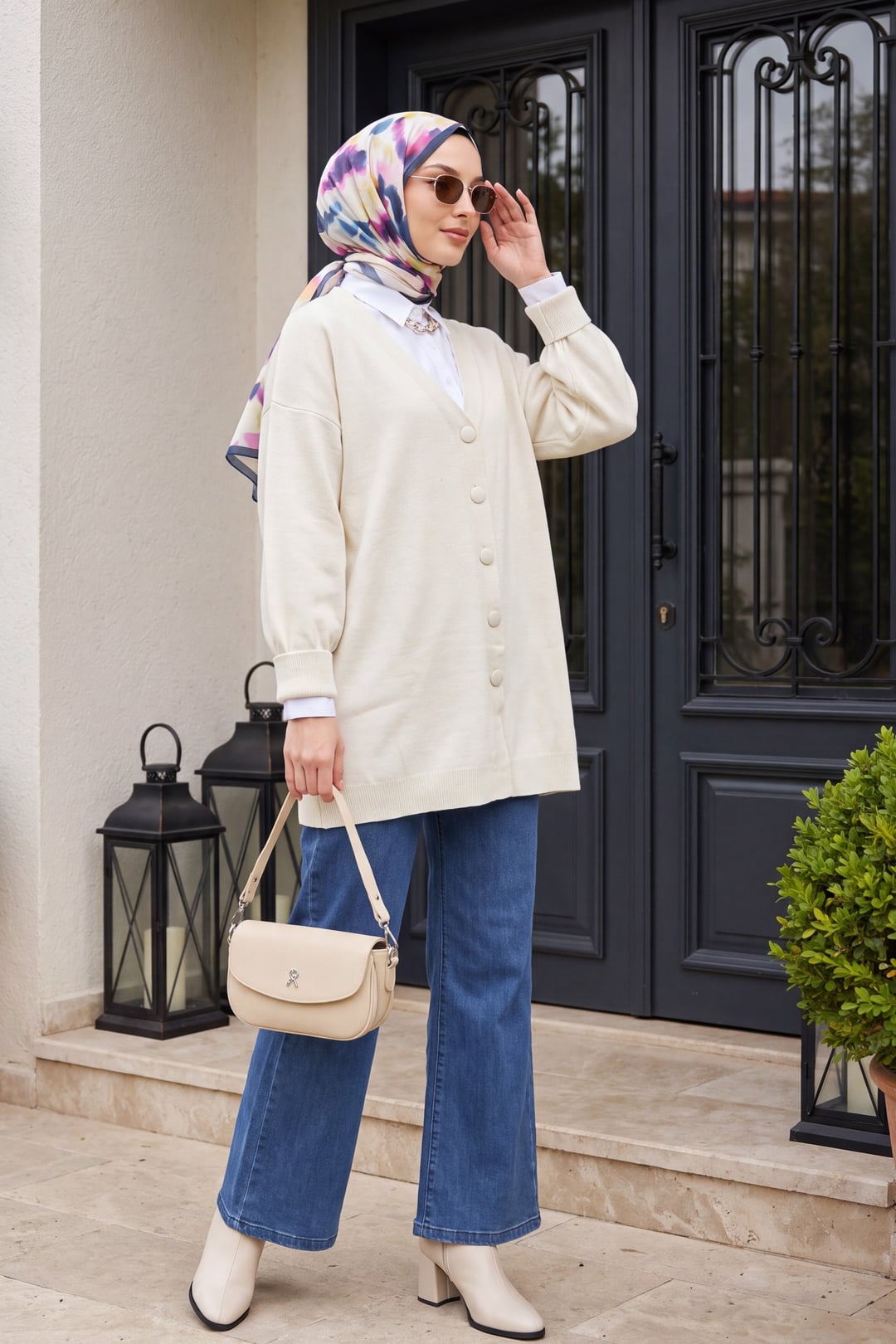 Women's Cream Button-Front Oversized Knit Cardigan - Podyumplus - by Peralane - photo 3