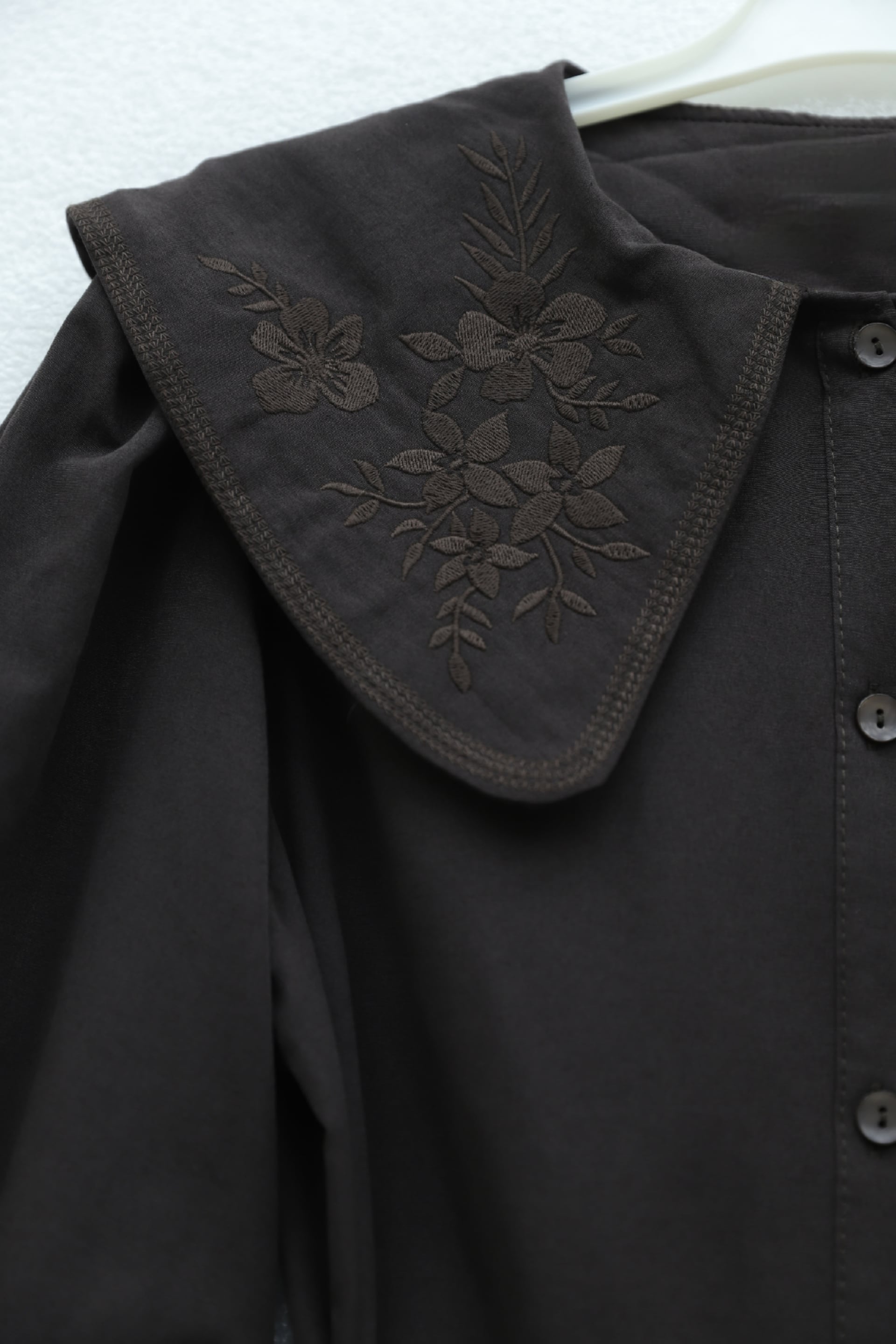 Baby Collar Embroidered Tie Belt Poplin Shirt - Dark Brown - Podyumplus - by Peralane - photo 4