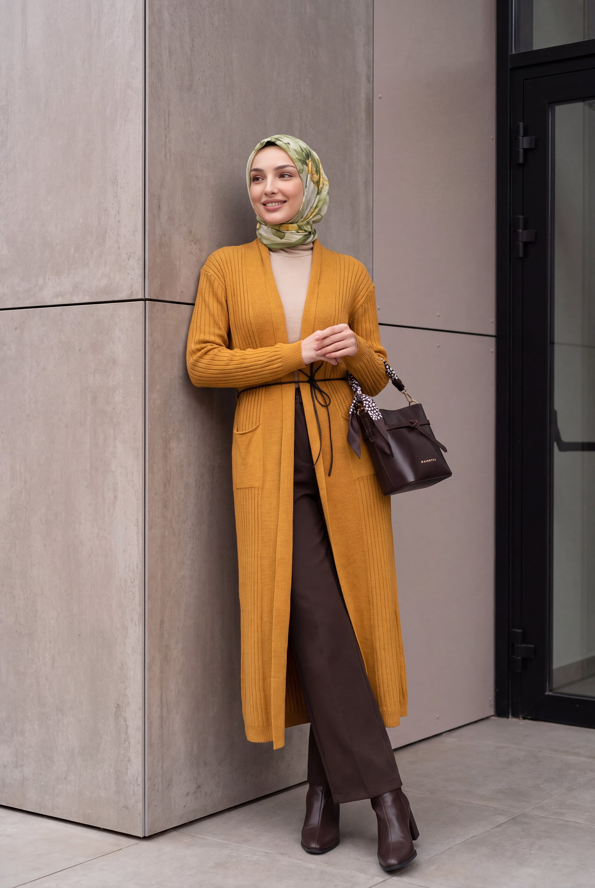 Long Mustard Yellow Ribbed Knit Cardigan with Tie Belt - Wholeskop - by Peralane