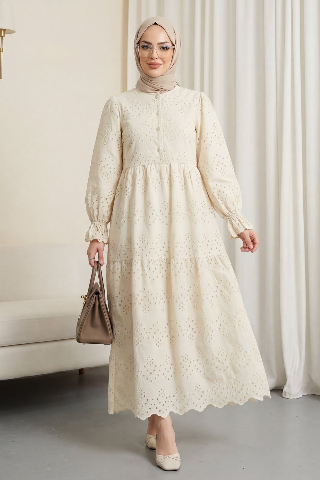 Half-Button Lace Detail Yoked Dress - Beige - Podyumplus - by Peralane - photo 4