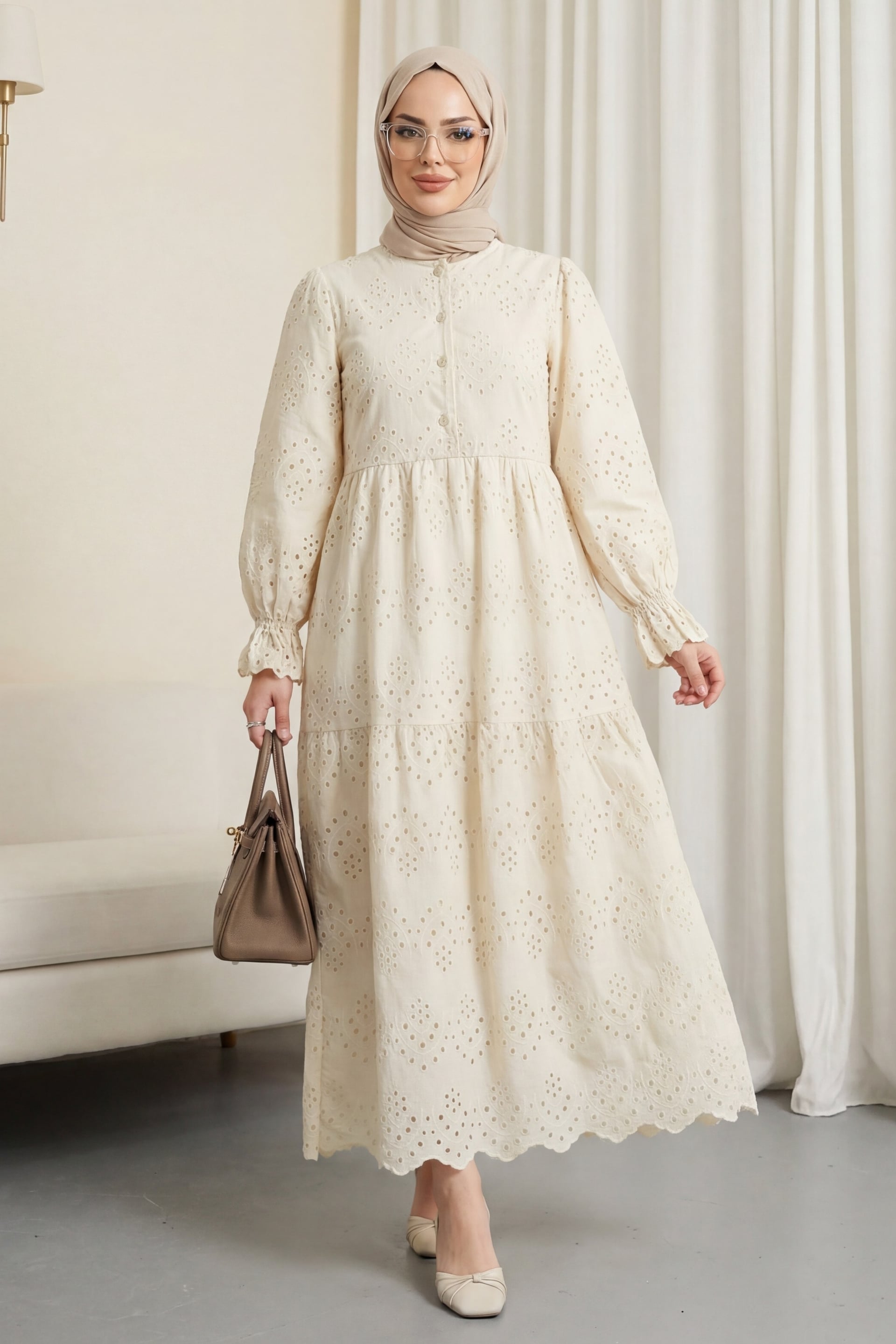 Half-Button Lace Detail Yoked Dress - Beige - Podyumplus - by Peralane - photo 4