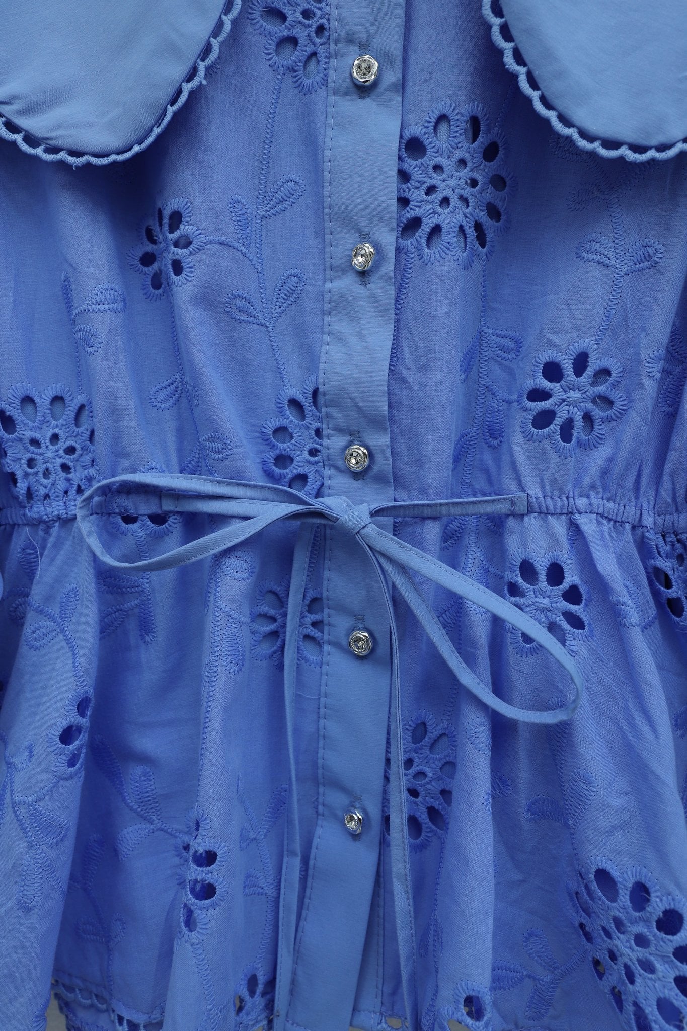 Baby Collar Tie Waist Embroidered Linen Look Two-Piece Set - Blue - Podyumplus - by Peralane - photo 8