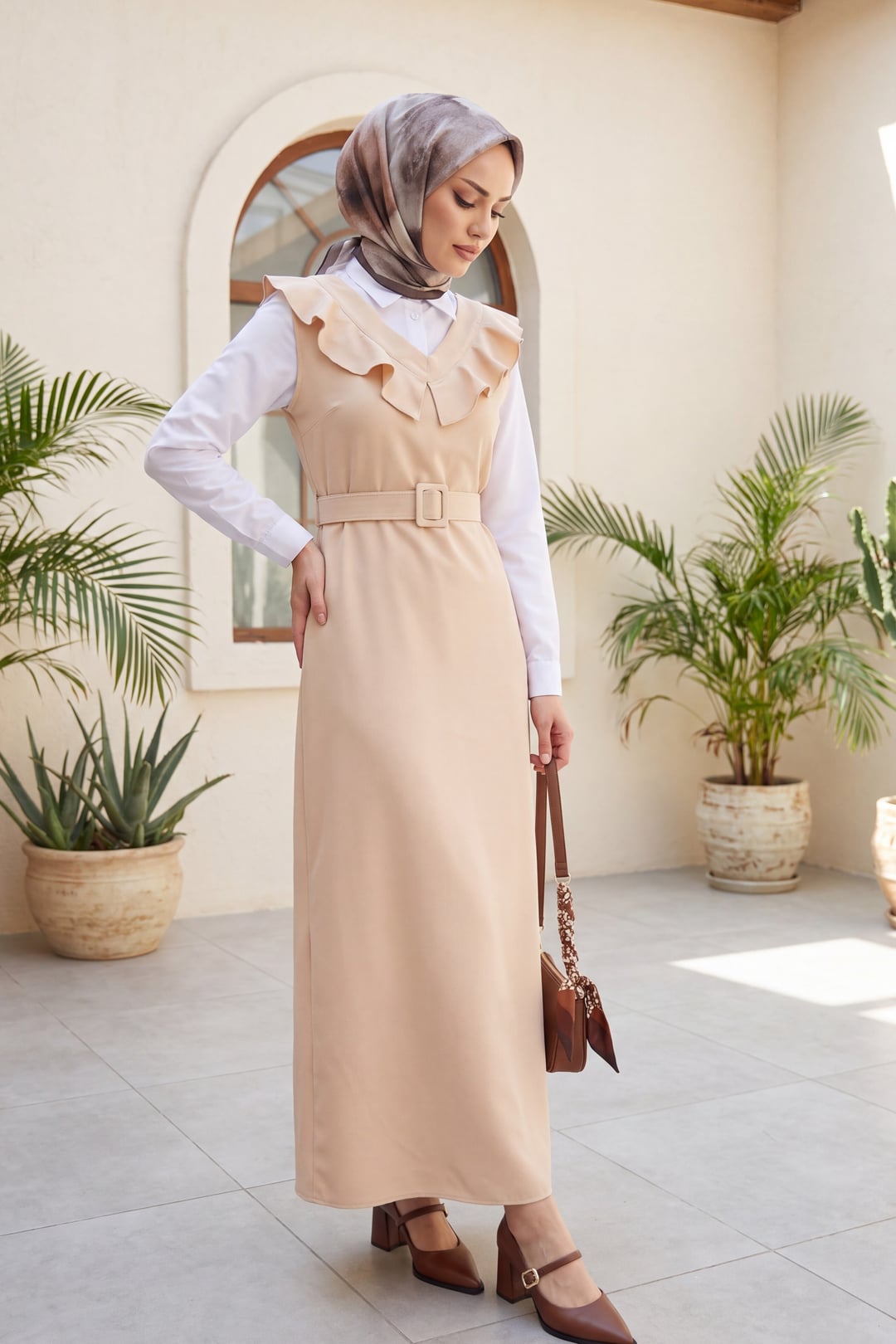 V-Neck Ruffled Belted Long Jile Dress - Cream - Podyumplus - by Peralane - photo 3