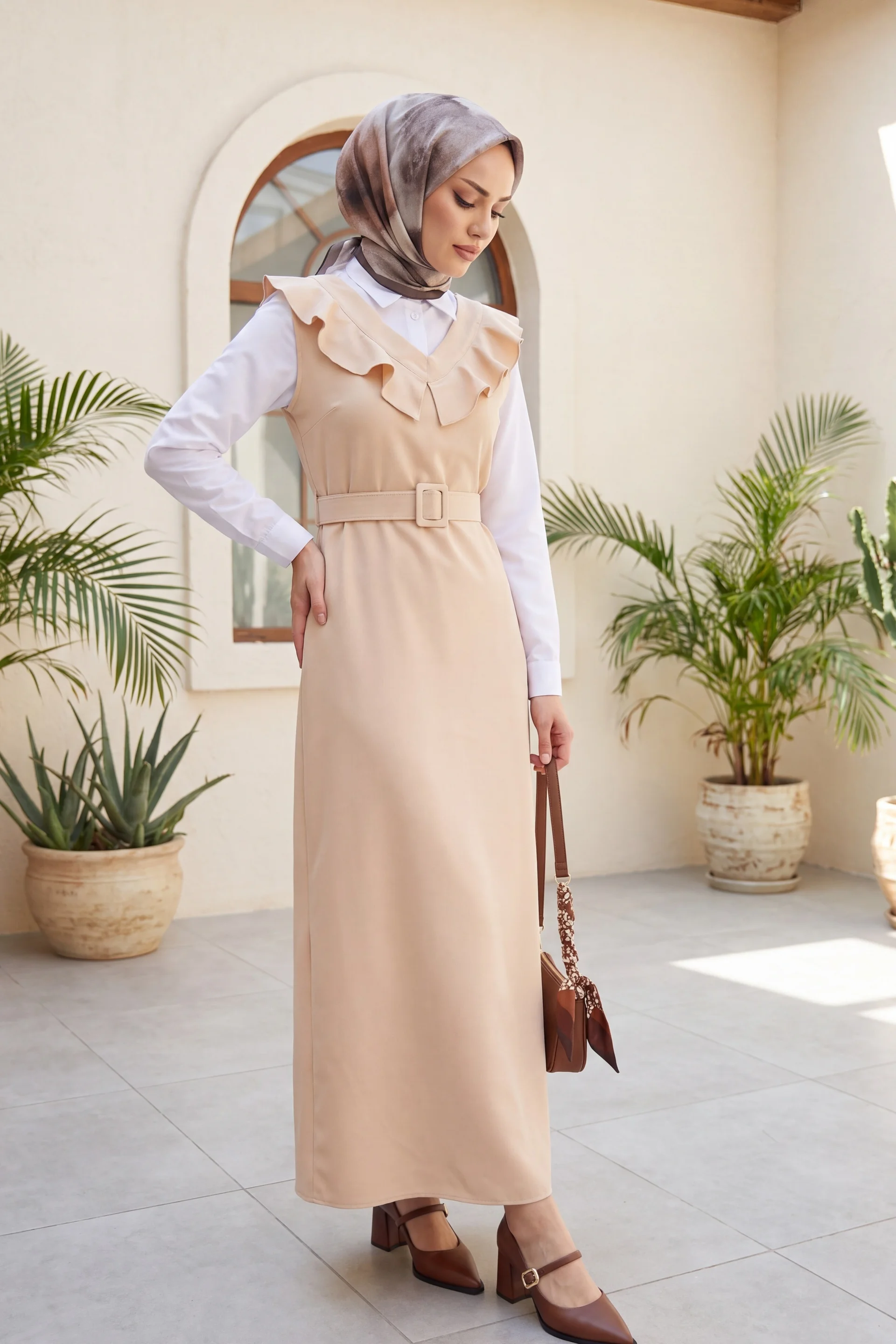 V-Neck Ruffled Belted Long Jile Dress - Cream - Podyumplus - by Peralane - photo 3