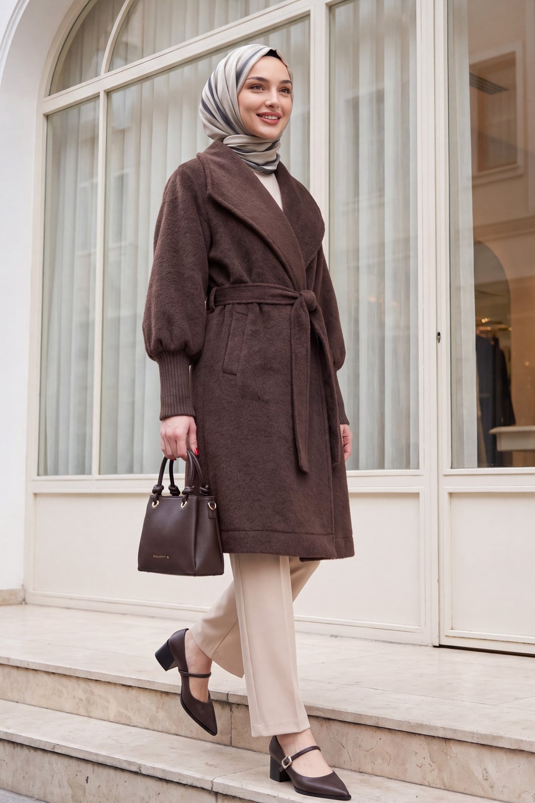 Ribbed Cuff Shawl Collar Lined Melton Coat - Dark Brown - Podyumplus - by Peralane - photo 4