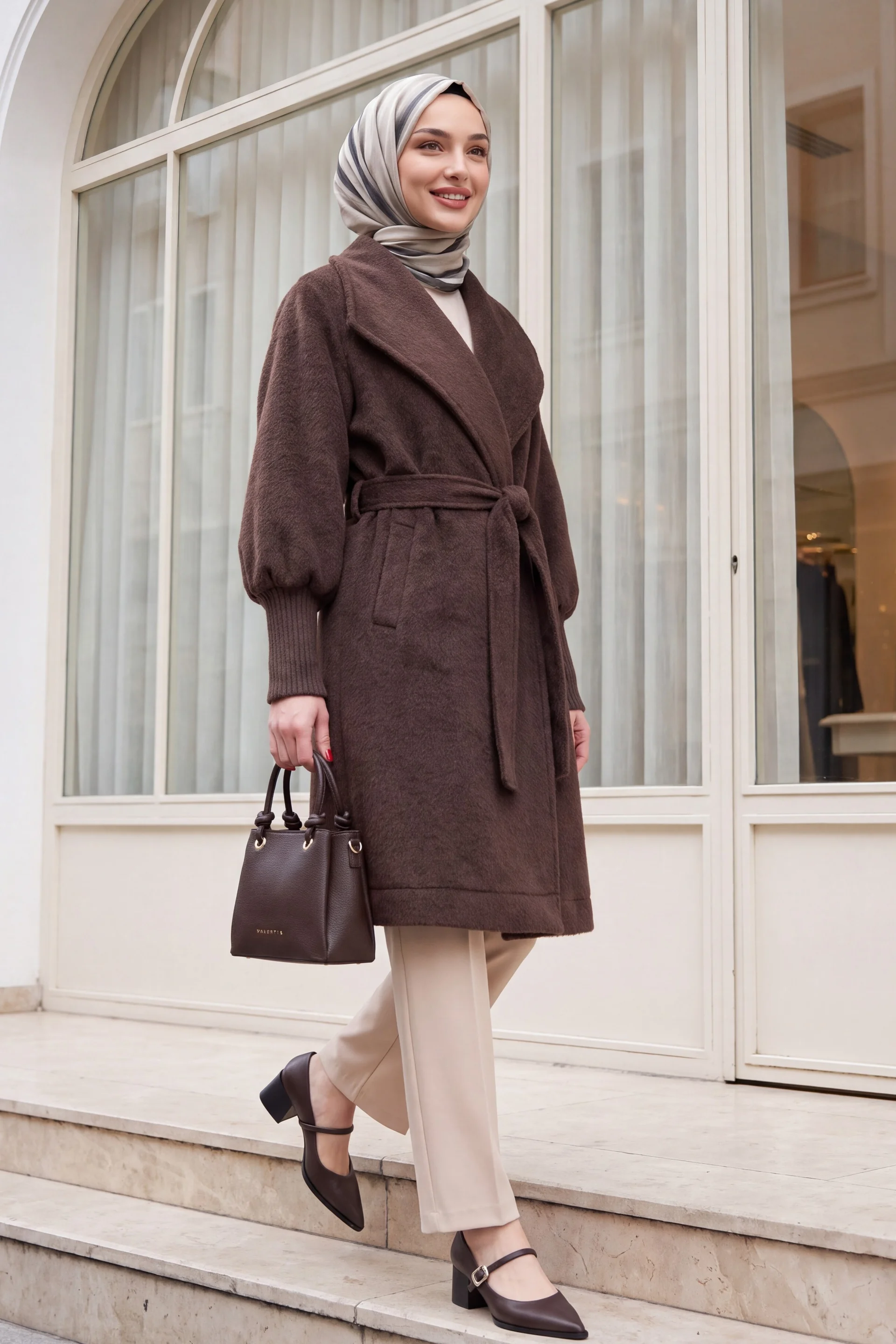 Ribbed Cuff Shawl Collar Lined Melton Coat - Dark Brown - Podyumplus - by Peralane - photo 4