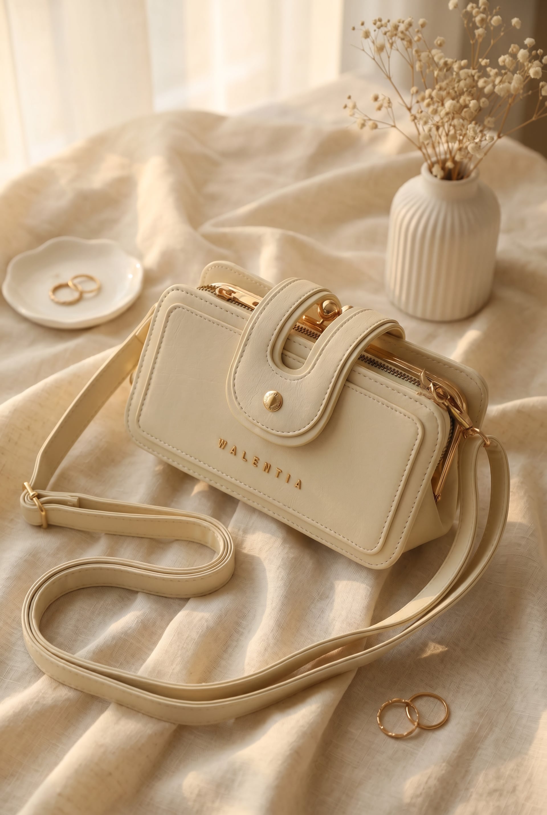 Cream Faux Leather Multi-Functional Handbag and Shoulder Bag with Gold-Tone Details - Podyumplus - by Peralane