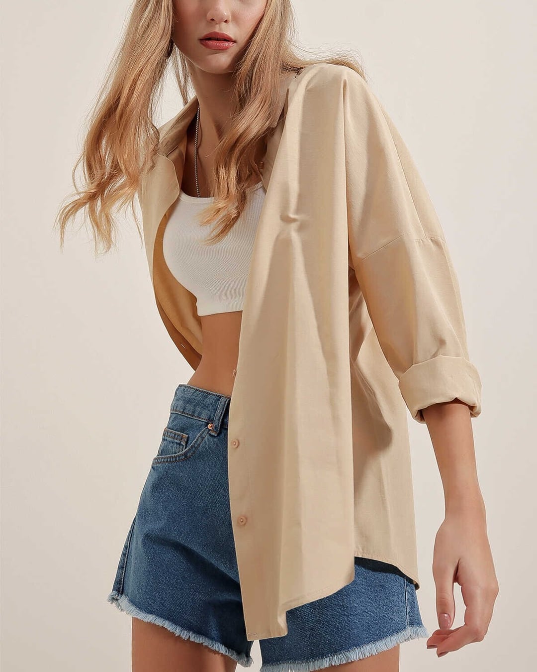 3900 Oversize Long Basic Shirt - Beige - Bigdart - by Peralane - photo 3