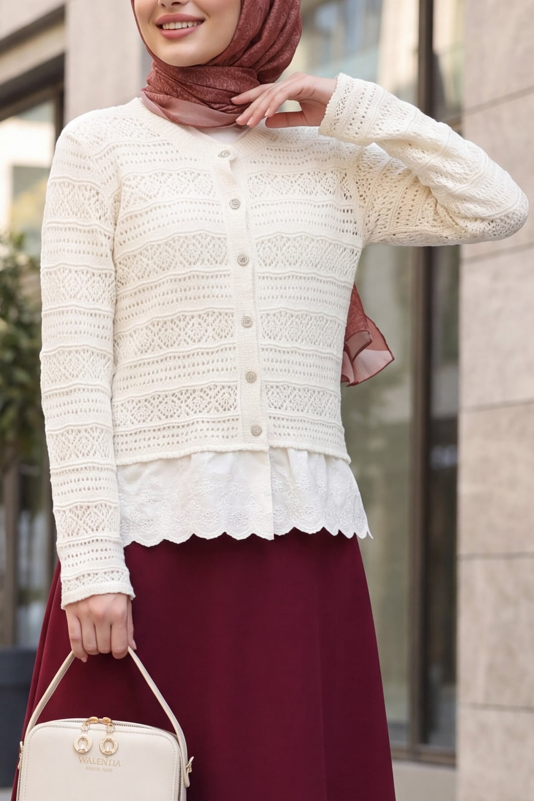 Lace Hem Buttoned Openwork Knit Cardigan - Ecru - Podyumplus - by Peralane