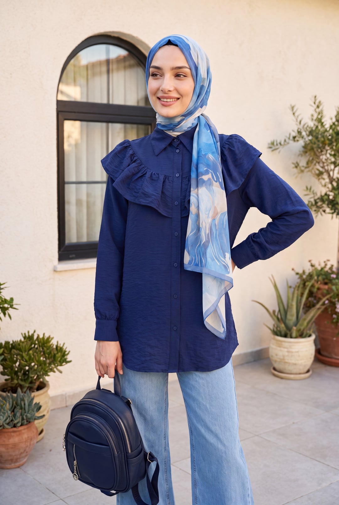 Navy Blue Rayon Tunic with Ruffled Yoke and Button Front - Podyumplus - by Peralane - photo 6