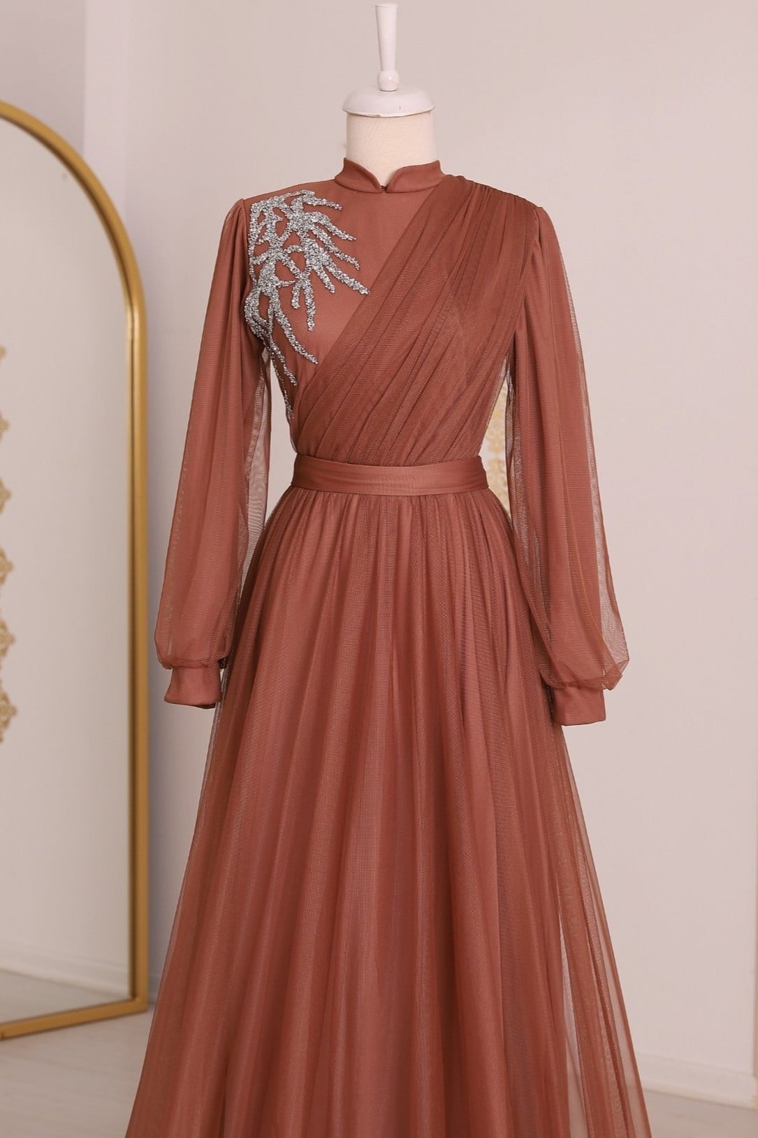 Stone Detailed Draped Belted Tulle Evening Dress - Cinnamon - Podyumplus - by Peralane - photo 2