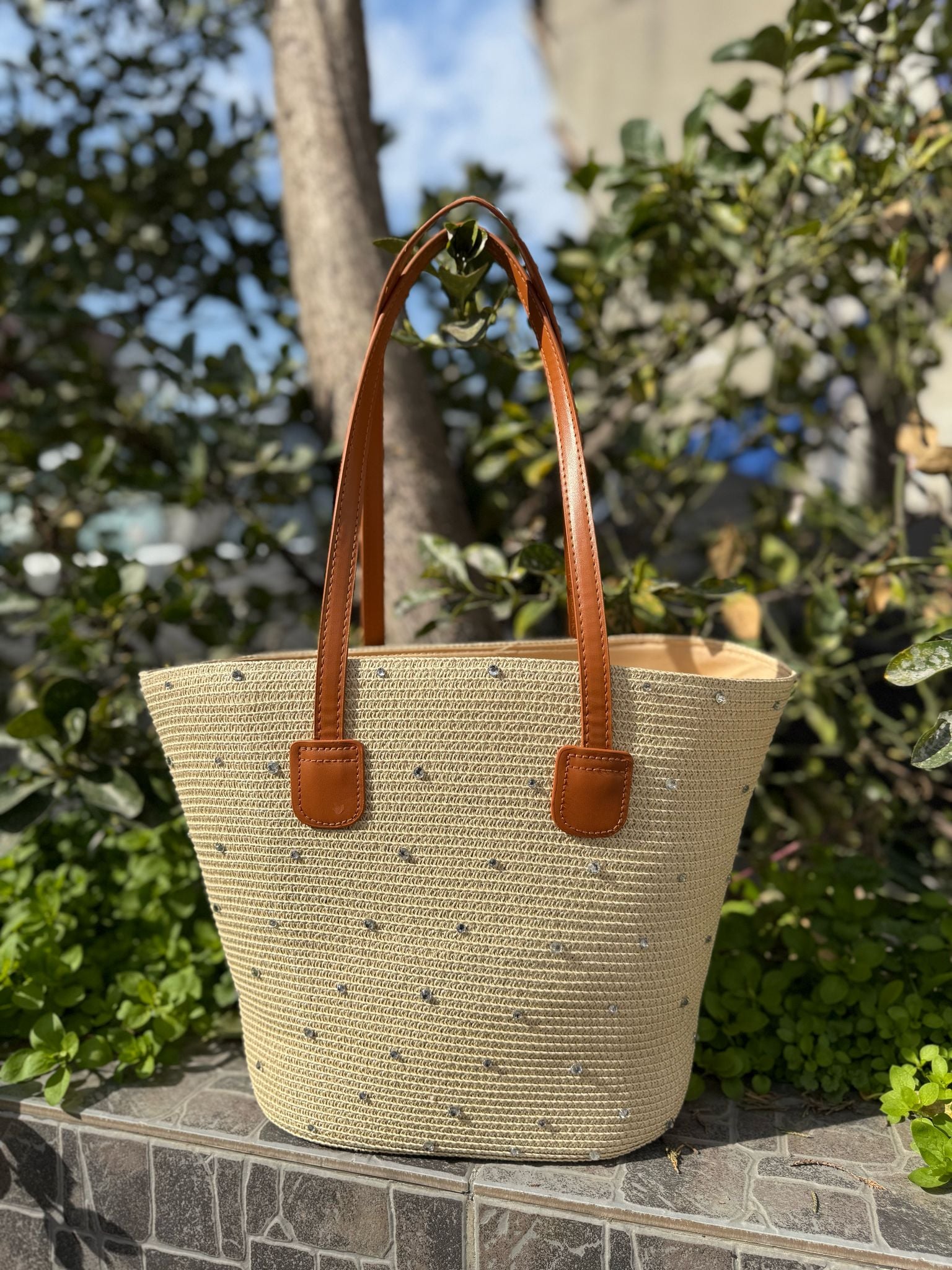 Beaded Beige Woven Straw Tote Bag with Faux Leather Handles - Nesvay - by Peralane