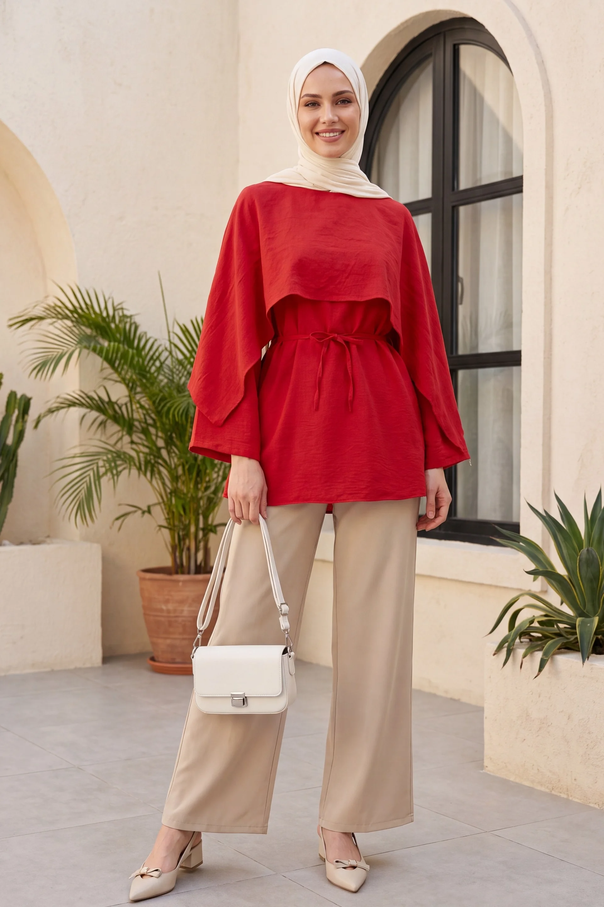 Red Voile Tunic with Cape Detail and Belt - Women's Modest Two-Piece Set - Podyumplus - by Peralane - photo 3