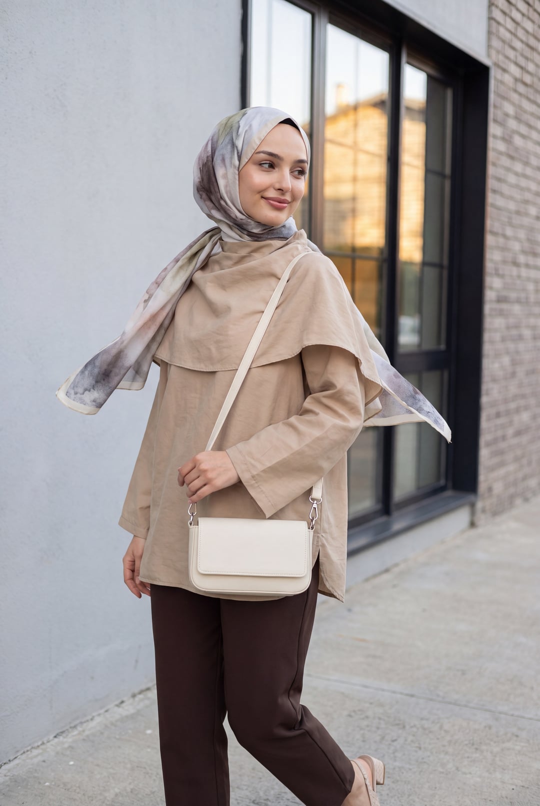 Oversize Modal Tunic with Removable Cape - Mink - Podyumplus - by Peralane