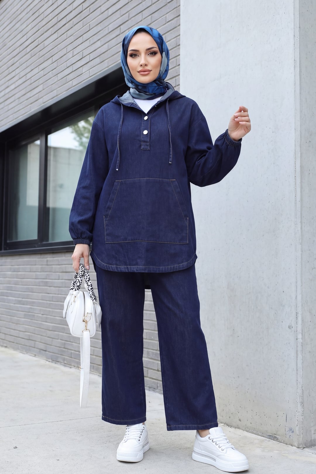 Hooded Half-Button Kangaroo Pocket Denim Set - Dark Navy - Podyumplus - by Peralane