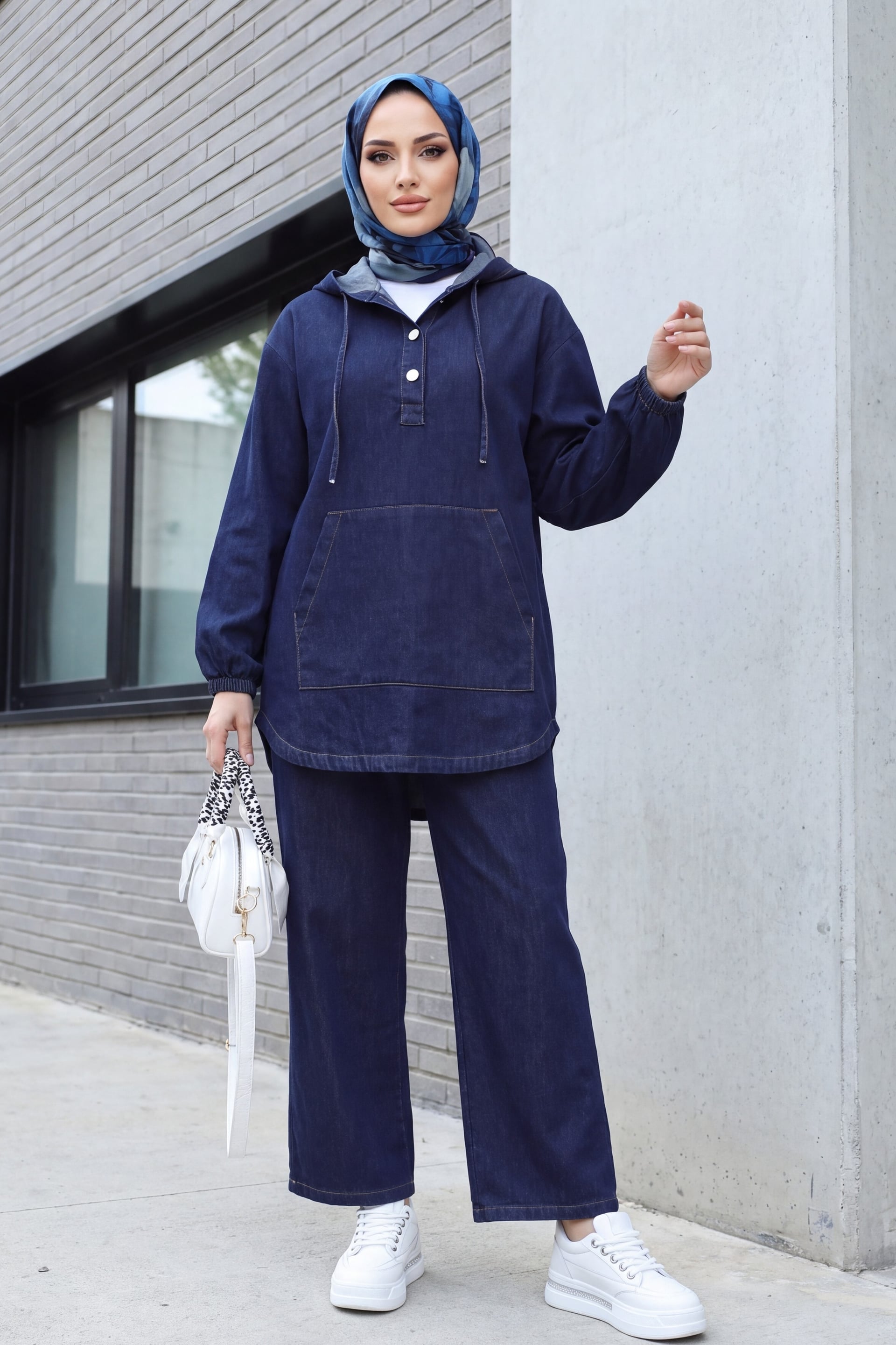 Hooded Half-Button Kangaroo Pocket Denim Set - Dark Navy - Podyumplus - by Peralane