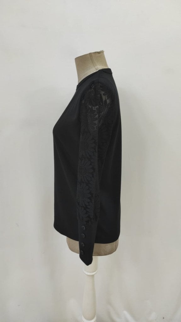 Women's Black Long Sleeve Crew Neck Waffle Blouse with Floral Lace Sleeves - Janes - by Peralane - photo 4