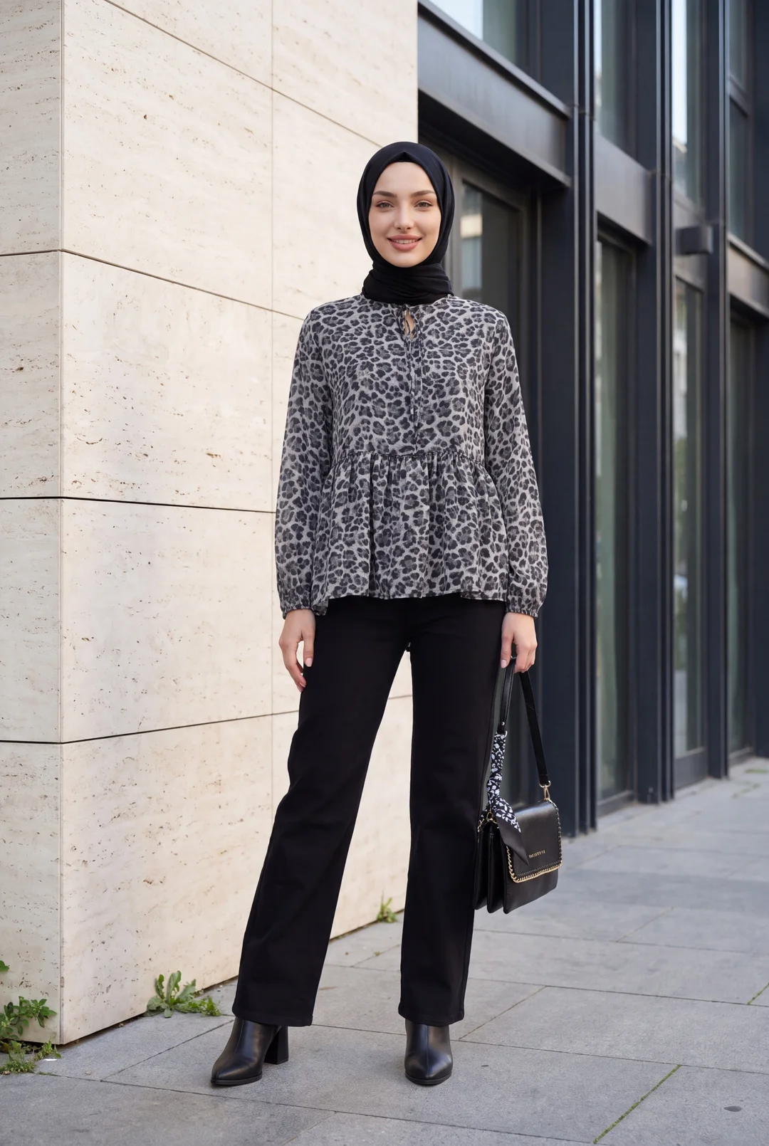 Women's Patterned Long-Sleeve Blouse - Anthracite - Bigdart - by Peralane