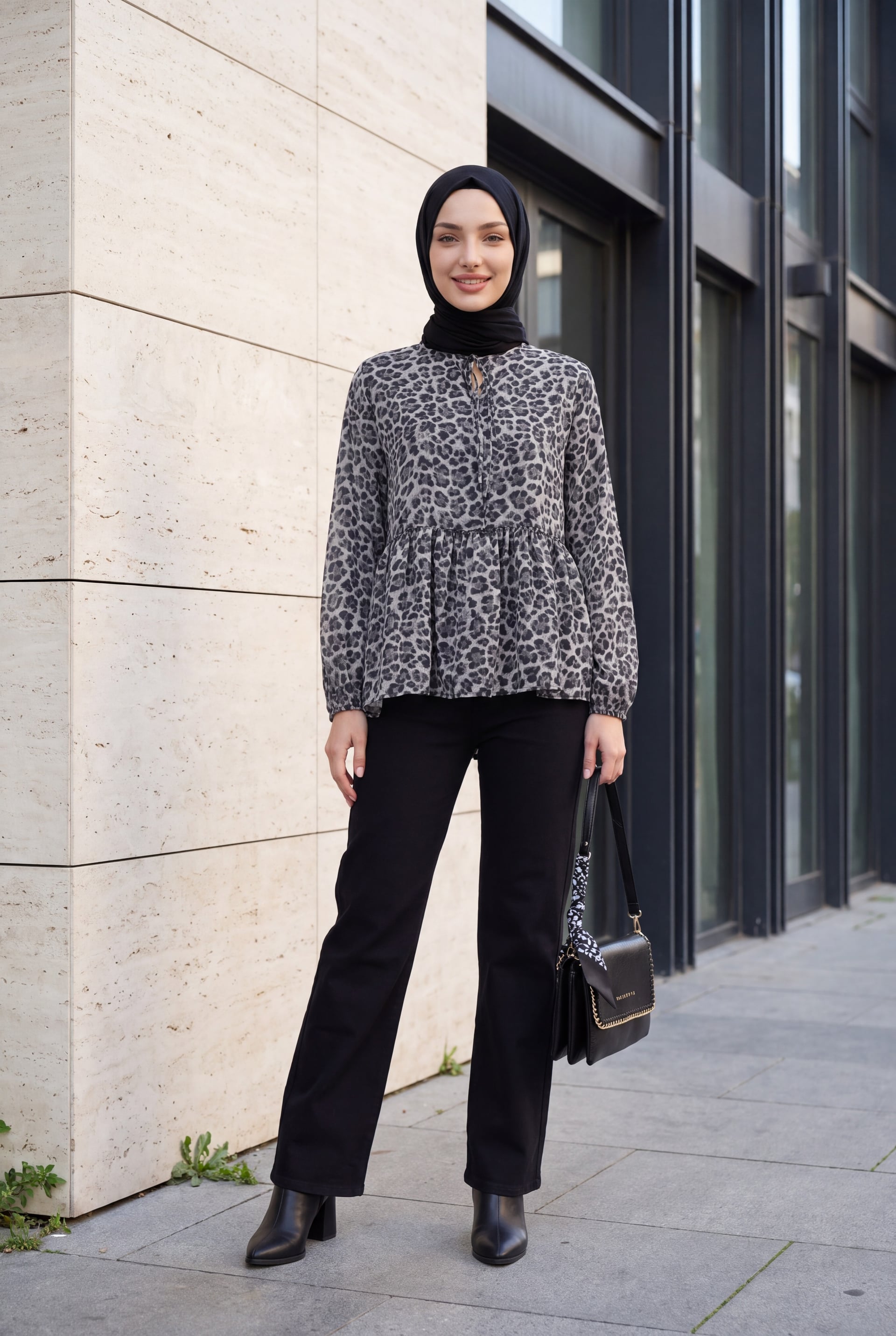 Women's Patterned Long-Sleeve Blouse - Anthracite - Bigdart - by Peralane