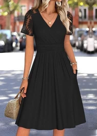 Women's Short Sleeve Wrap V-Neck Dress with Embroidered Sheer Sleeves - Janes - by Peralane