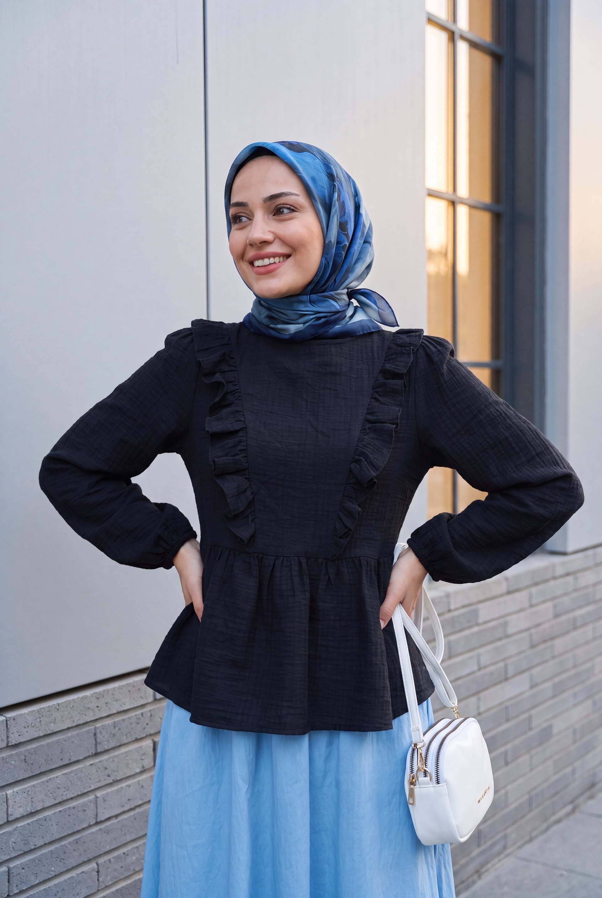 Navy Blue Tie-Neck Ruffle Crinkle Blouse with Matching Skirt Set - Podyumplus - by Peralane - photo 3