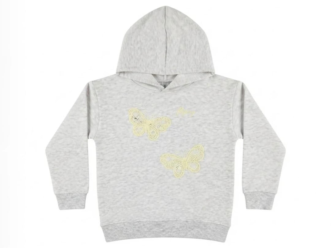 Girls' Hooded Sweatshirt with Butterfly Embroidery - Light Grey - CMK - by Peralane