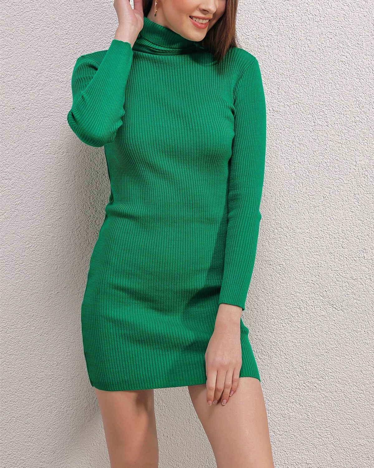 Green Ribbed Turtleneck Knit Dress - Bigdart - by Peralane