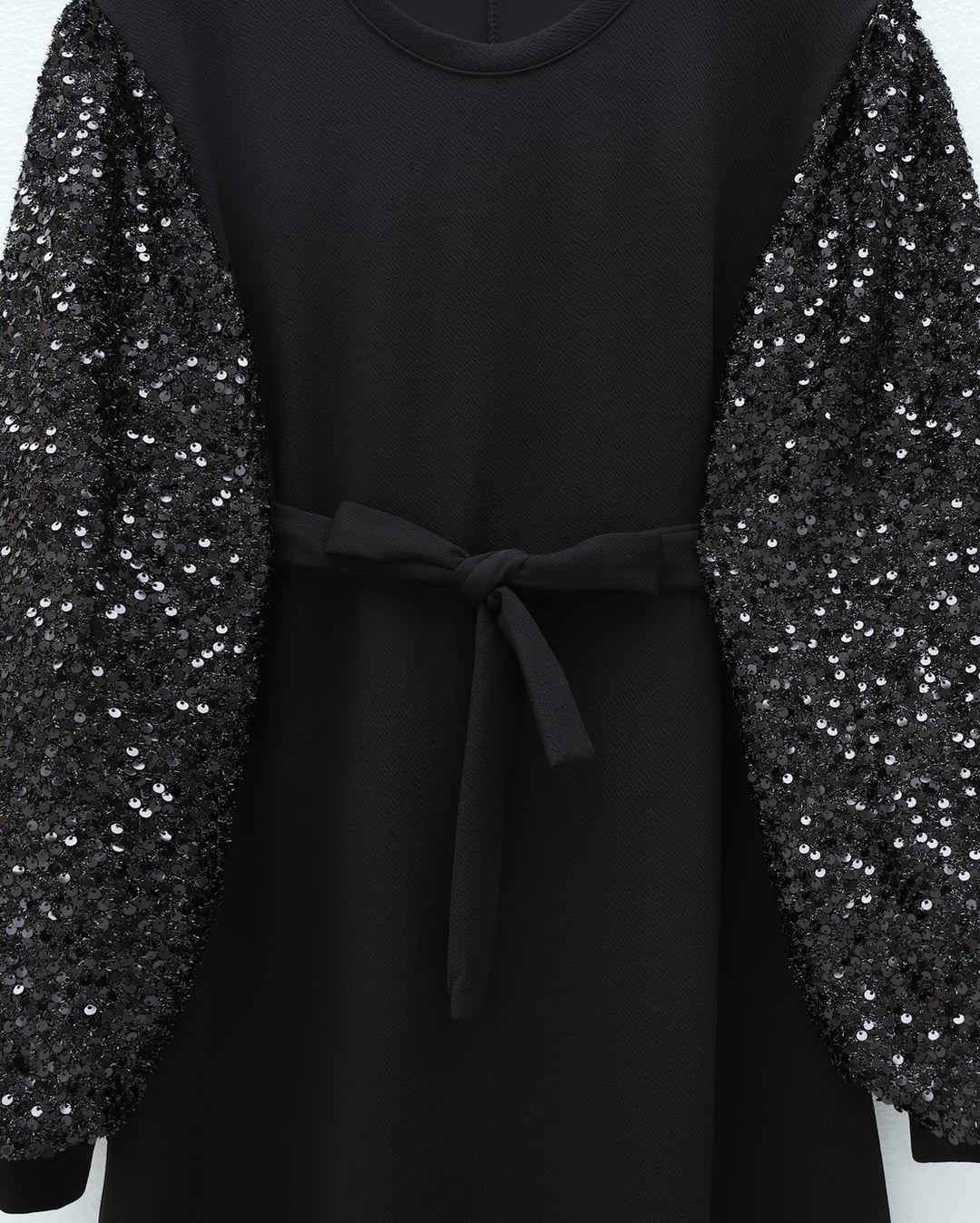 Sequin-Sleeved Belted Imported Lycra Crepe Modest Dress - Black - Podyumplus - by Peralane - photo 4