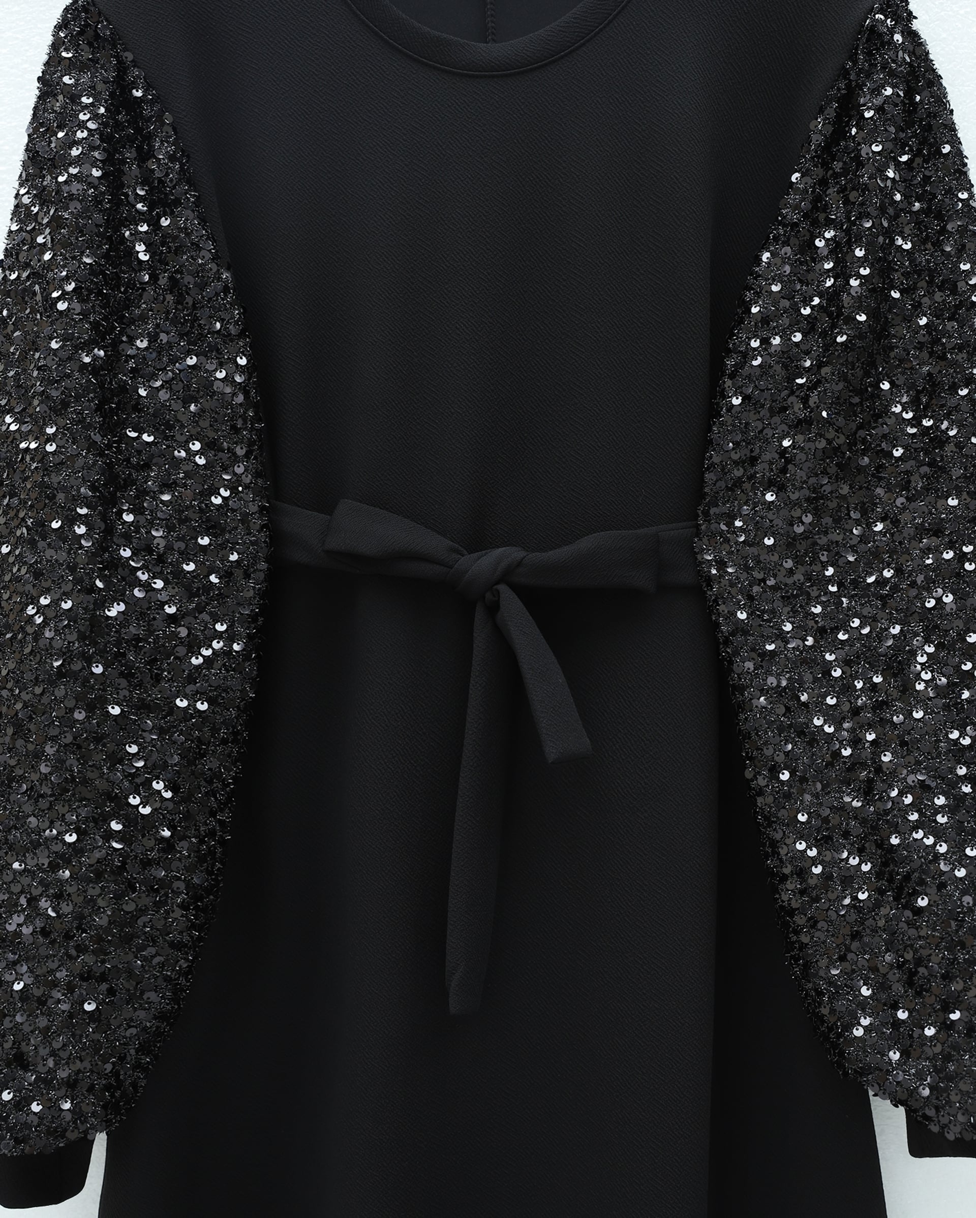 Sequin-Sleeved Belted Imported Lycra Crepe Modest Dress - Black - Podyumplus - by Peralane - photo 4