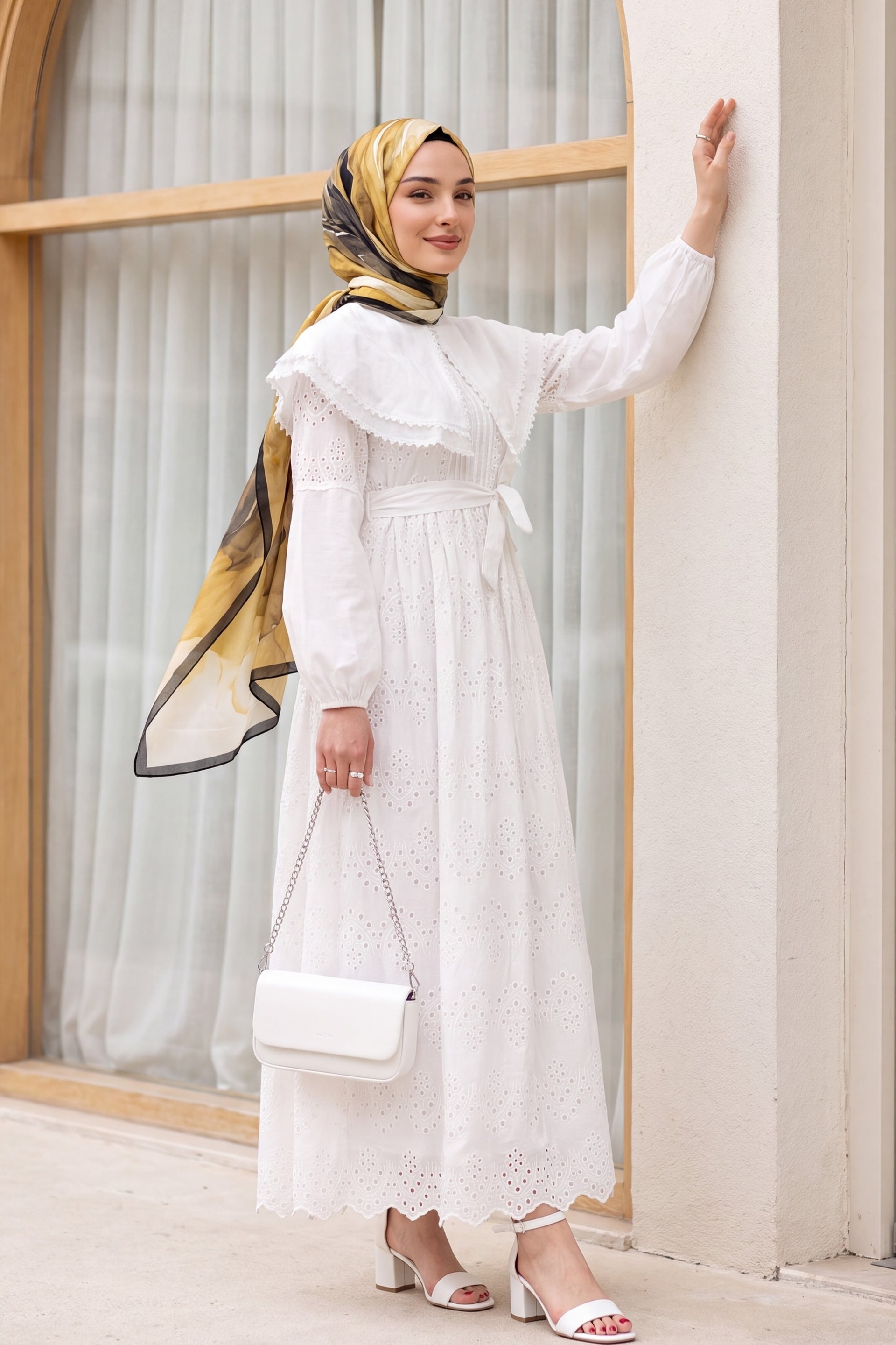 White Cape Collar Lace Detail Midi Dress - Podyumplus - by Peralane - photo 9