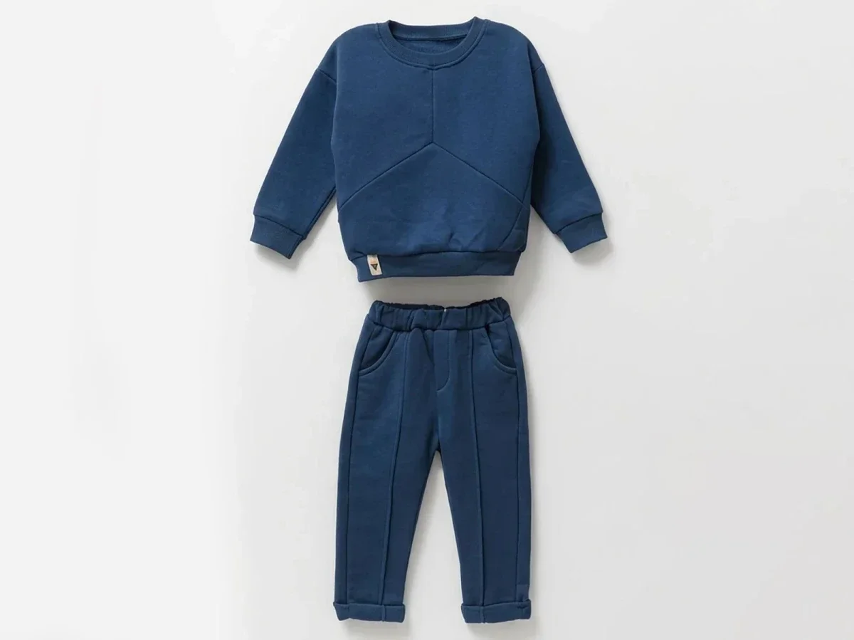 Stitched Detail Brushed 3-Thread Boys' Set - Navy Blue - Vovido - by Peralane