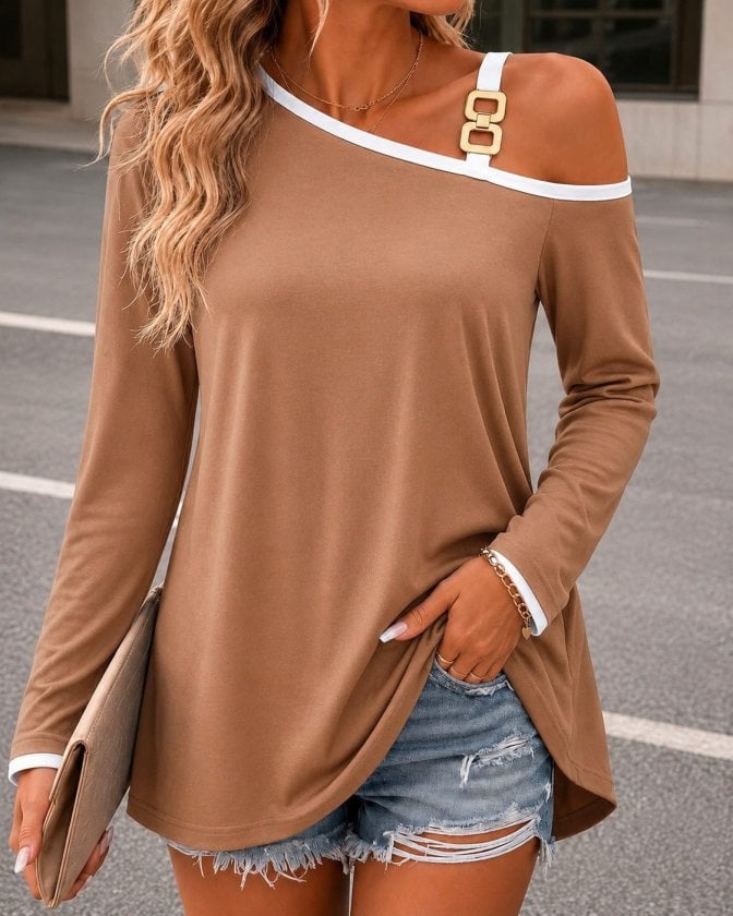 Women's Long-Sleeved One-Shoulder Knit Blouse with Gold Buckle Detail - Janes - by Peralane