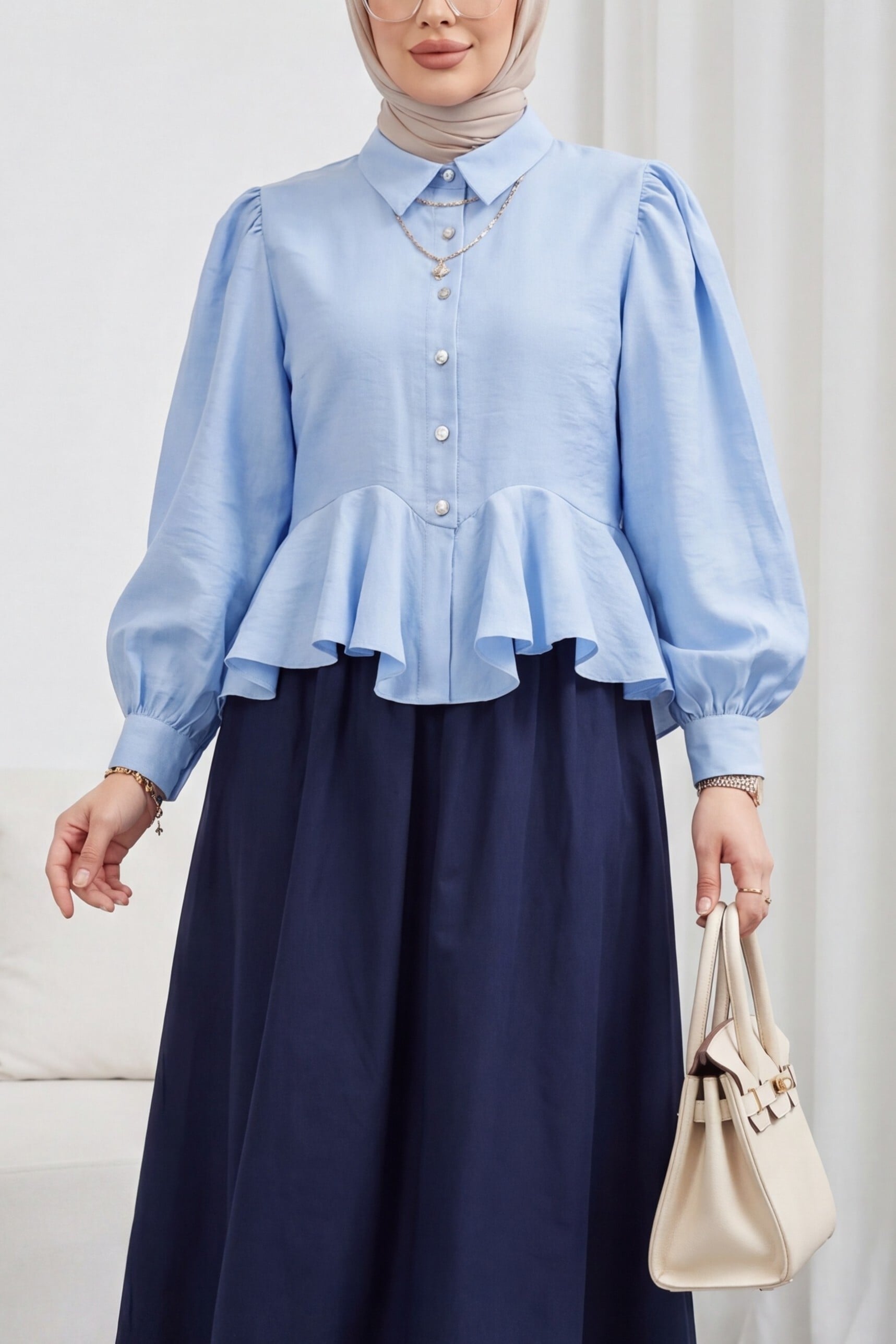 Stone-Button Peplum Modal Blouse - Baby Blue - Podyumplus - by Peralane