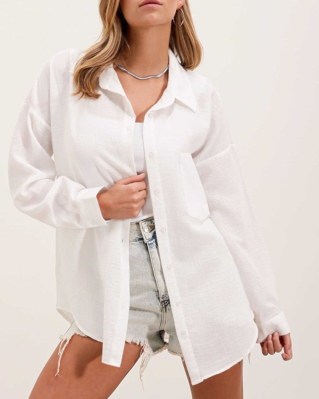 White Oversize Linen-Blend Single-Chest-Pocket Shirt - Bigdart - by Peralane - photo 4